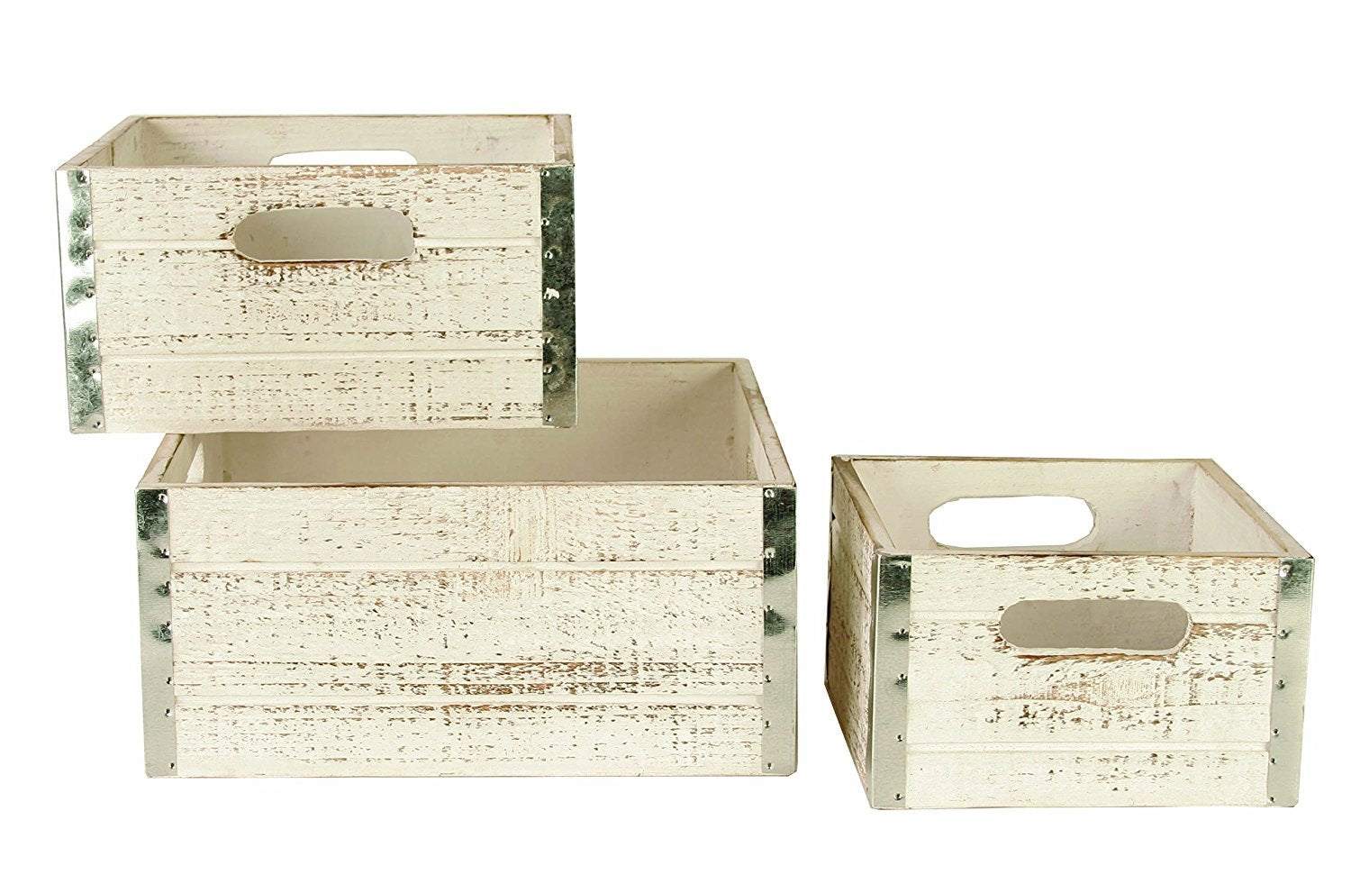 wald imports - Set of 3 Distressed White-Washed Wooden Crates for Storage - Decorative Wooden Crate Set for Home Decoration & Di