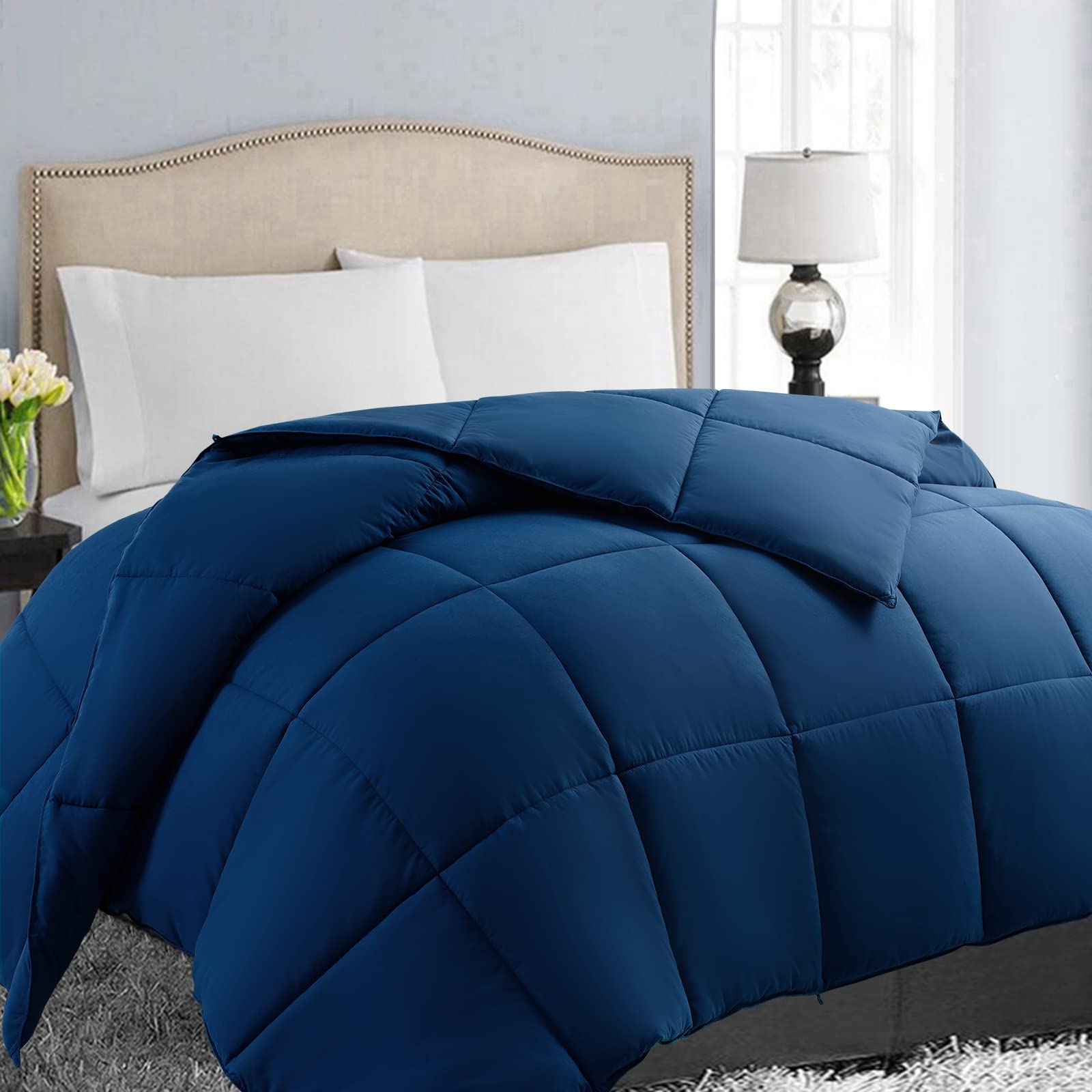 EASELAND All Season California King Down Alternative Comforter, Navy, 96x104 inches, Soft Quilted Reversible Duvet Insert with Corner Tabs