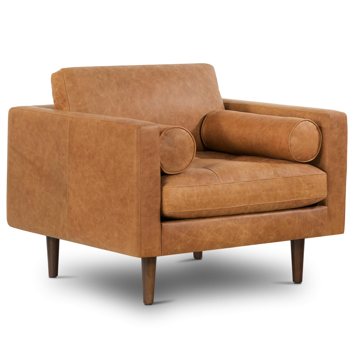 Poly & Bark 42' Mid Century Modern Cognac Brown Leather Accent Chair For Living Room, Bedroom & Home Office - High Density Foam