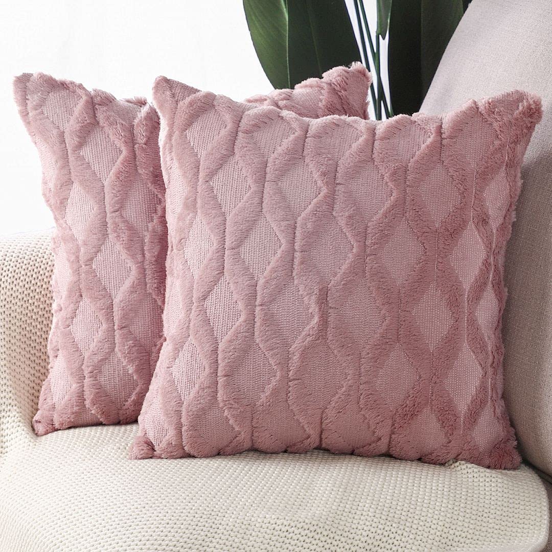 Madizz Set Of 2 Soft Plush Short Wool Velvet Decorative Throw Pillow Covers 26X26 Inch Pink Square Luxury Style Cushion Cases Eu