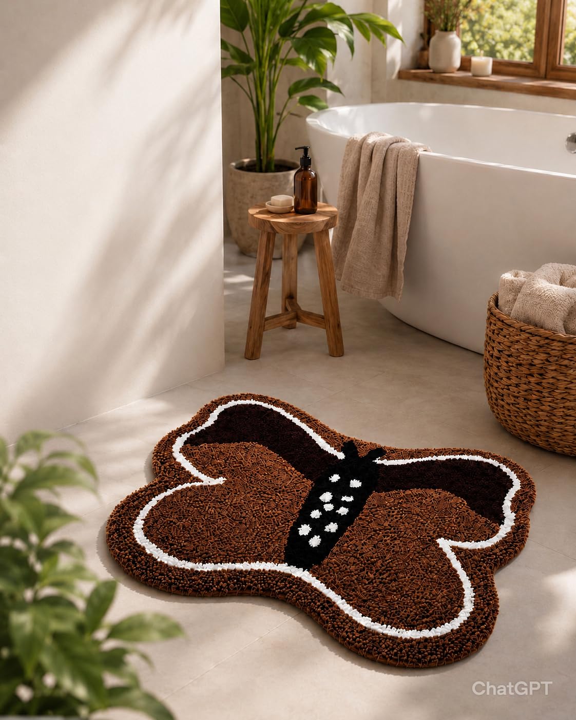 Gavi Enterprise Butterfly Shaped Soft Absorbent Bathroom Rug Non Slip Bath Mat Machine Washable Butterfly Shaped Bath Mat, Brown