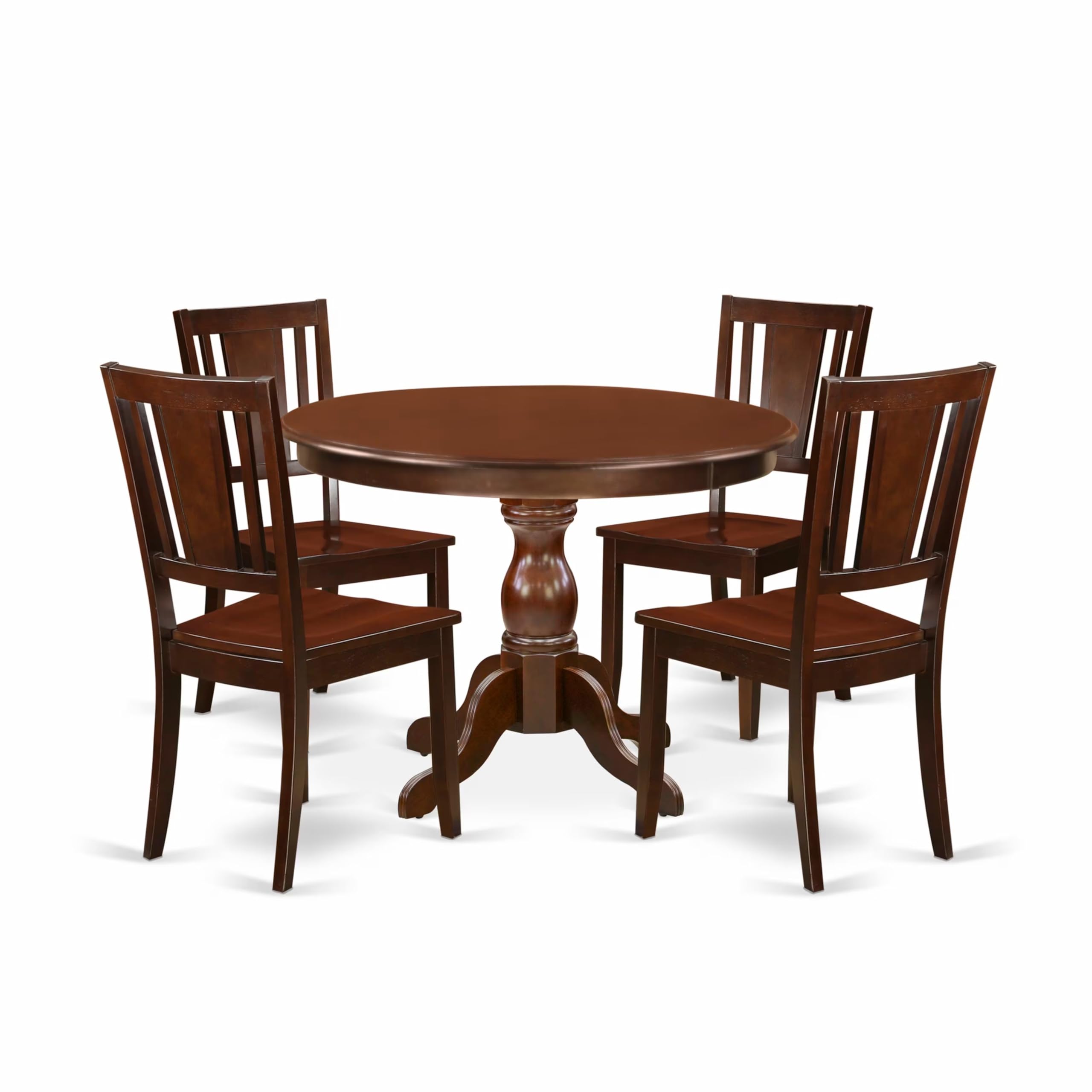 East West Furniture HBDU5-MAH-W 5 Piece Dining Room Table Set Includes a Round Kitchen Table with Pedestal and 4 Dining Chairs, 42x42 Inch, Mahogany
