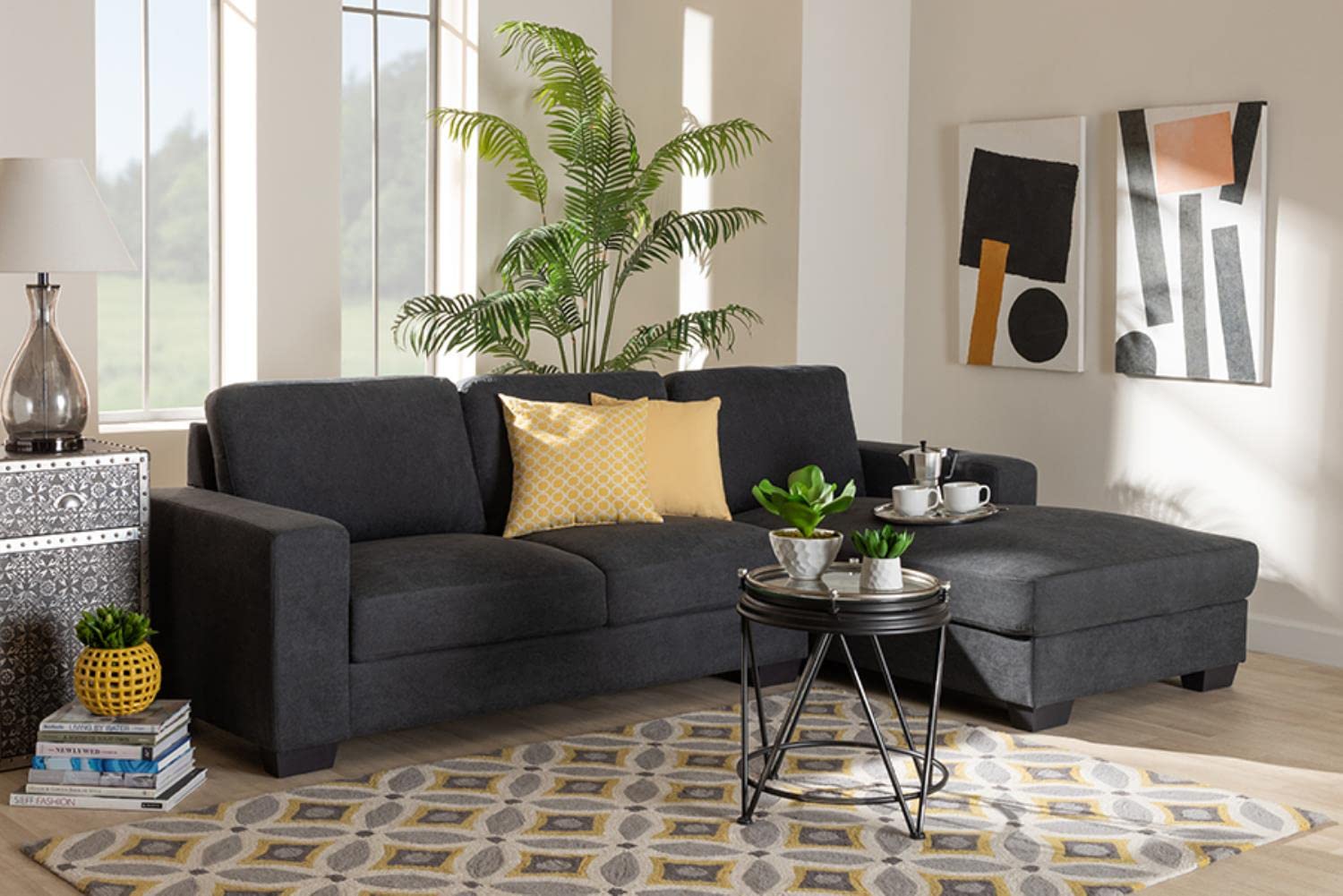 Baxton Studio Nevin Modern and Contemporary Dark Grey Fabric Upholstered Sectional Sofa with Right Facing Chaise