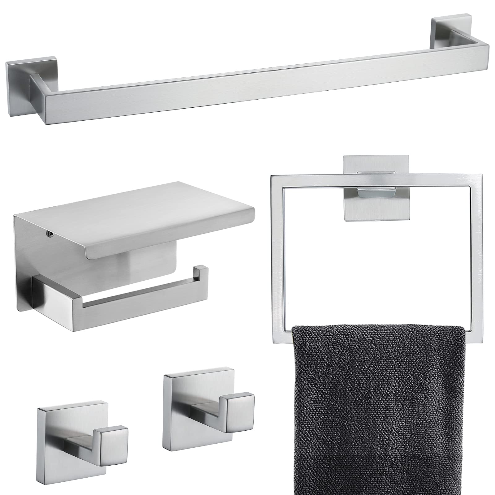 Brushed Nickel Bathroom Towel Bar Set Bathroom Accessories Hardware Set Including Towel Bar Towel Ring Coat Hook and Toilet Pape
