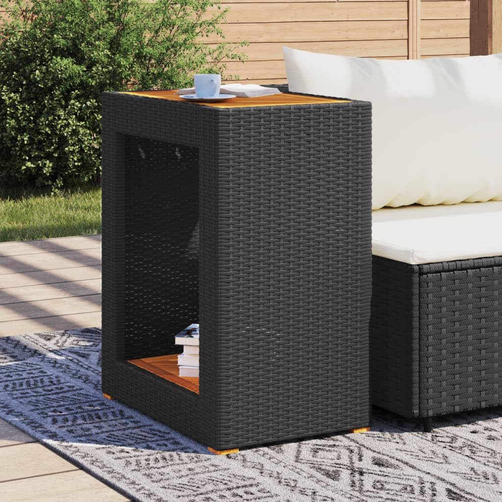 vidaXL Patio Side Table - Poly Rattan & Acacia Wood - Black/Brown - 23.6"x15.7"x29.5" - Garden, Backyard, Patio Furniture