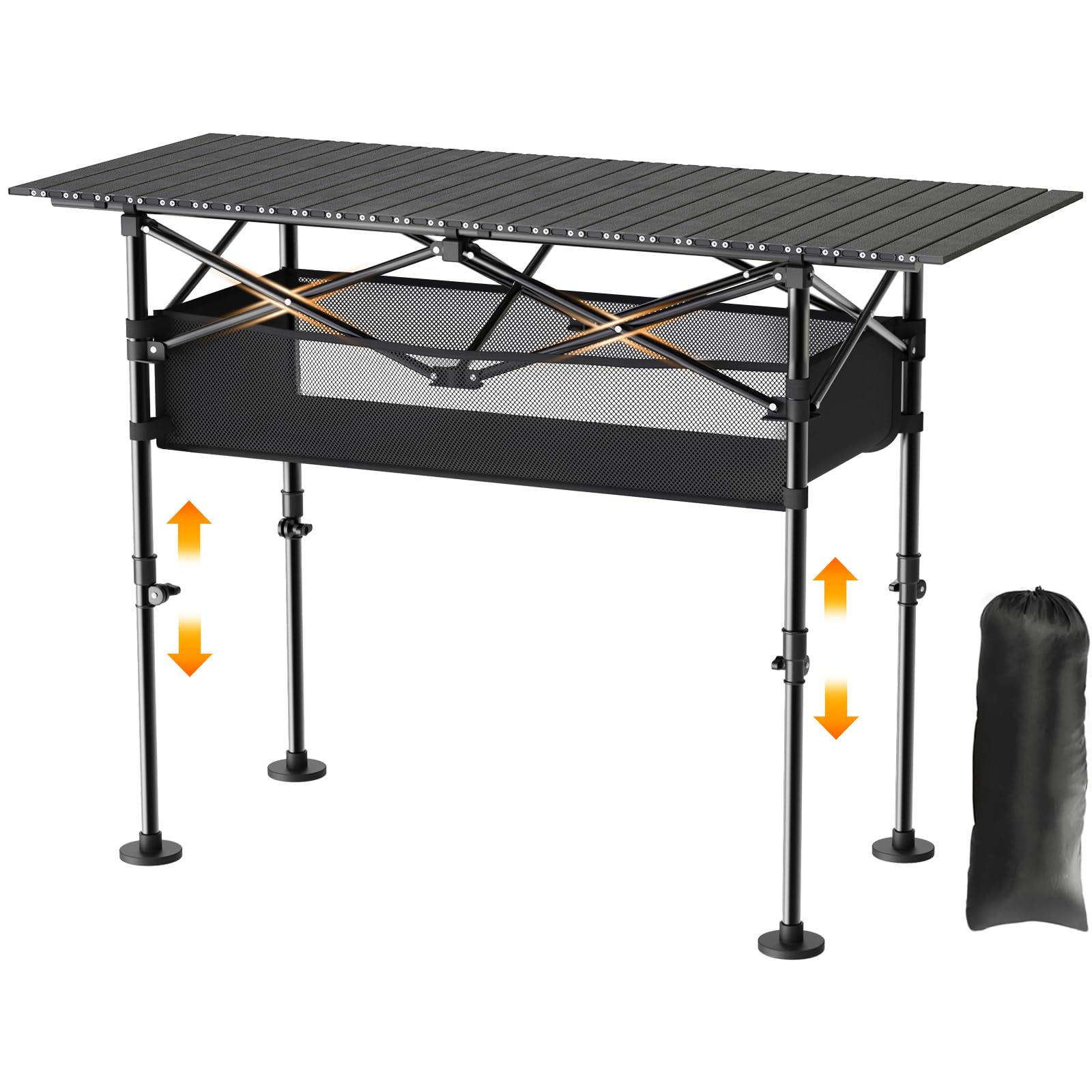 JWPEHOE Height Adjustable Camping Table, Outdoor Folding Camping Table with Mesh Storage/Carrying Bag, Portable Aluminum Roll-up
