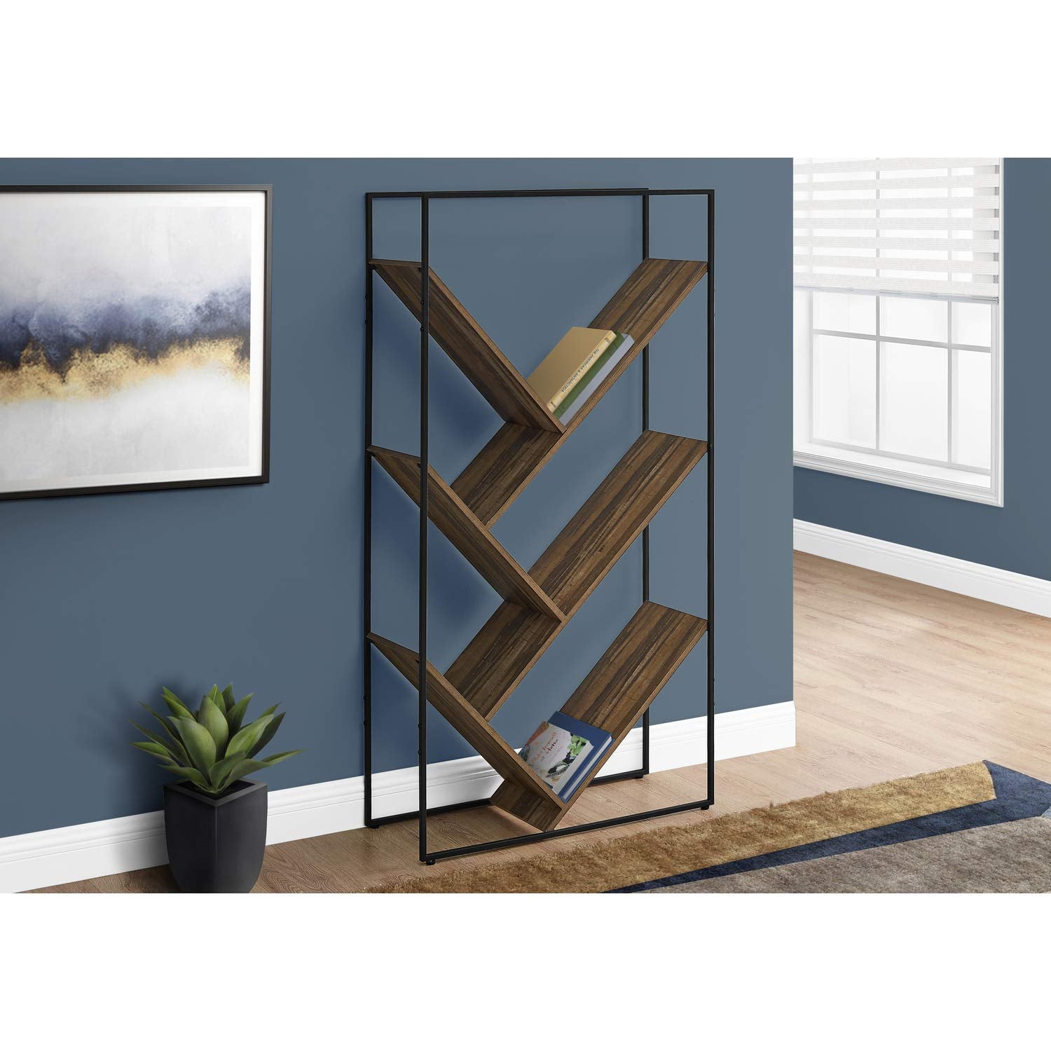 Monarch Specialties I 2202 Bookshelf, Bookcase, Etagere, 3 Tier, 60' H, Office, Bedroom, Metal, Laminate, Black, Brown, Contemporary, Modern