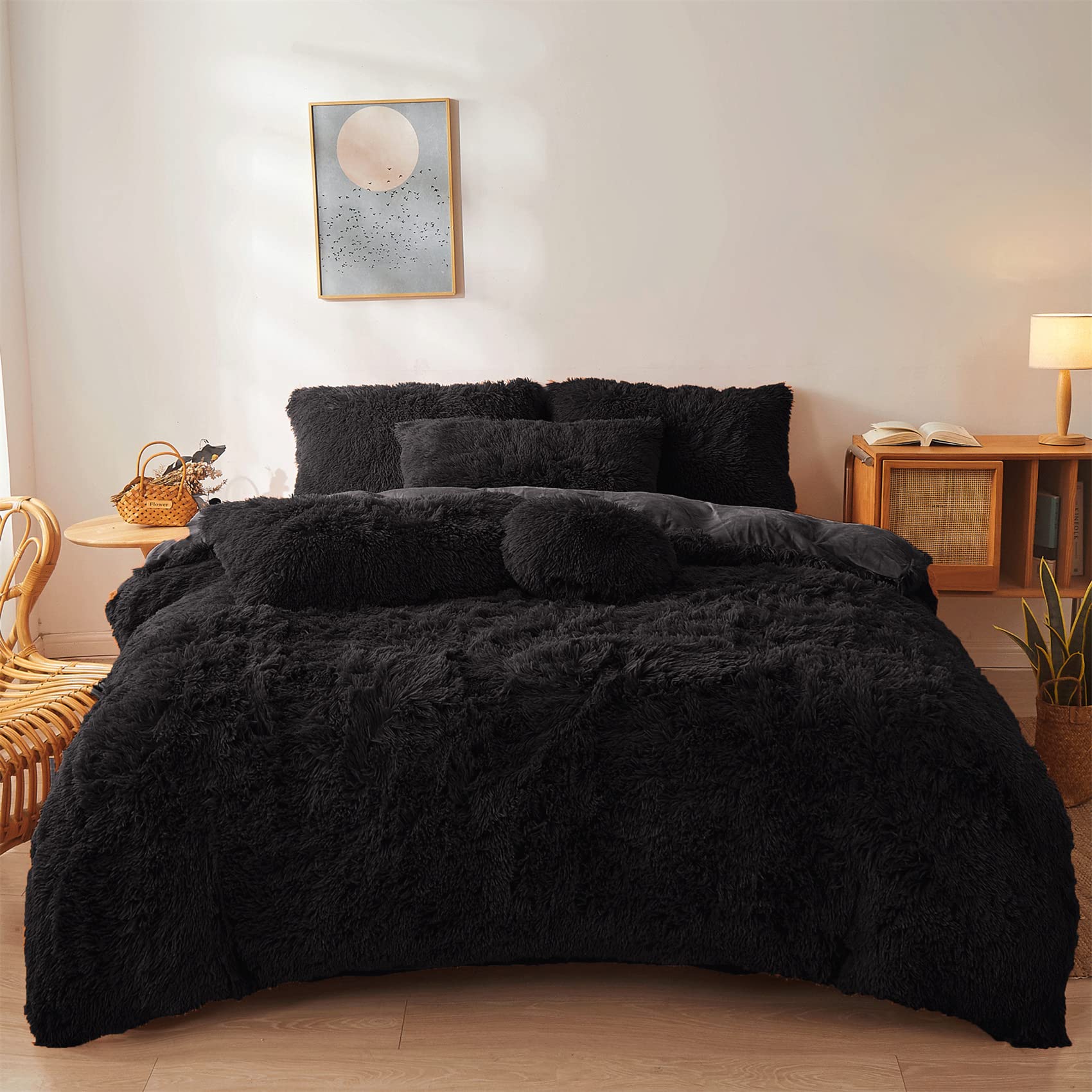 Fluffy Black Comforters Cover Twin Size - Ultra Soft Plush Black Bedding Sets 2 Pieces (1 Faux Fur Comforter Cover + 1 Fuzzy Pil