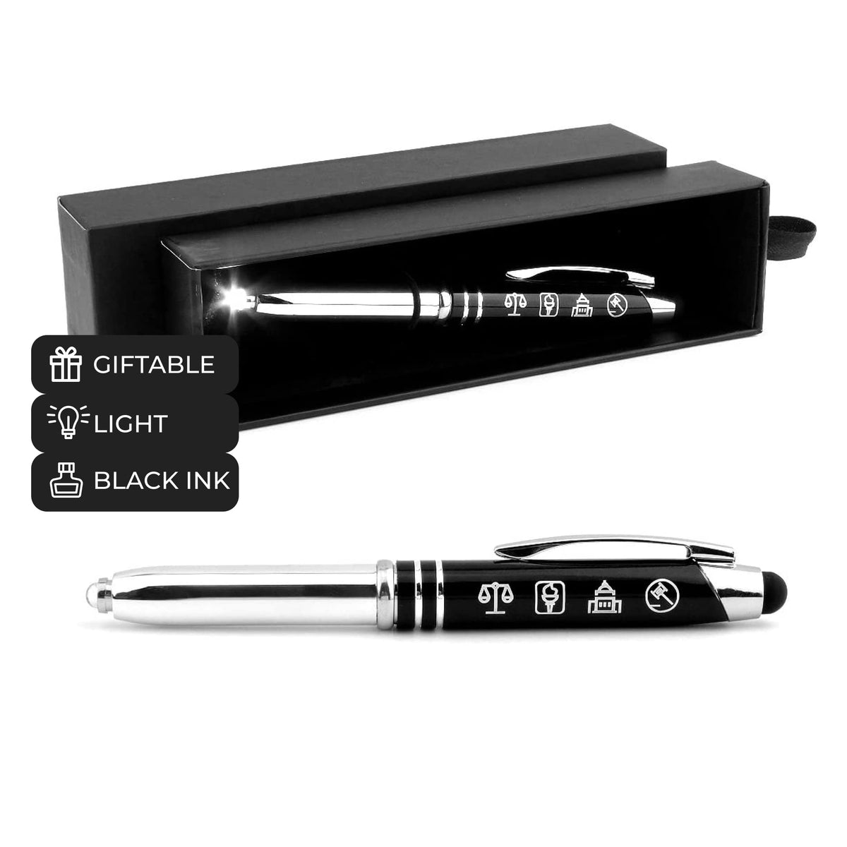 'Law And Justice' Engraved Flashlight Pen With Stylus Tip - Gift For Police Officers, Lawyers, Legal Professionals, Civil Serv