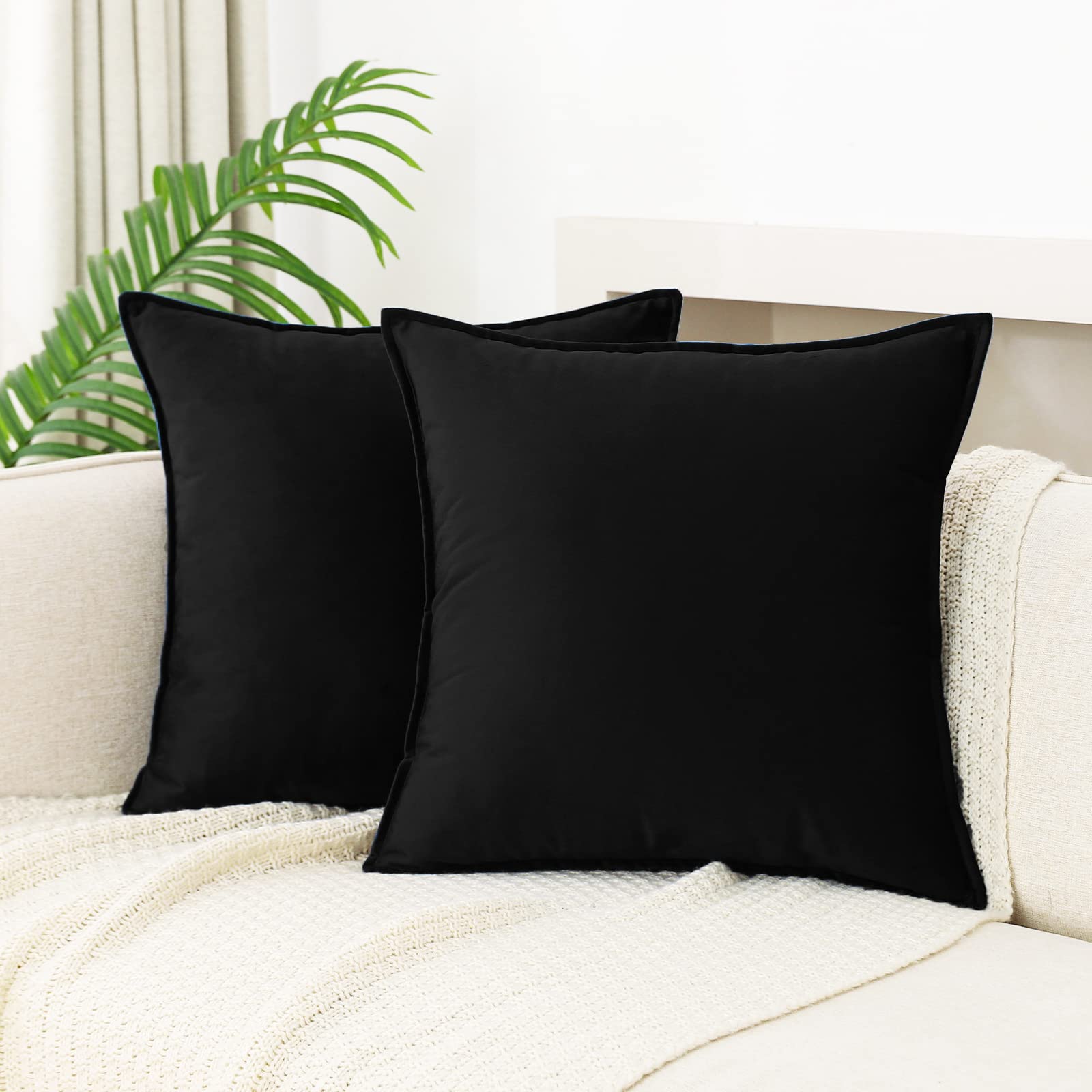 Jiahannha Velvet Black Throw Pillow Covers 18  18 Inches Pack Of 2 Decorative Soft For Couch Sofa Bed Livingroom Office