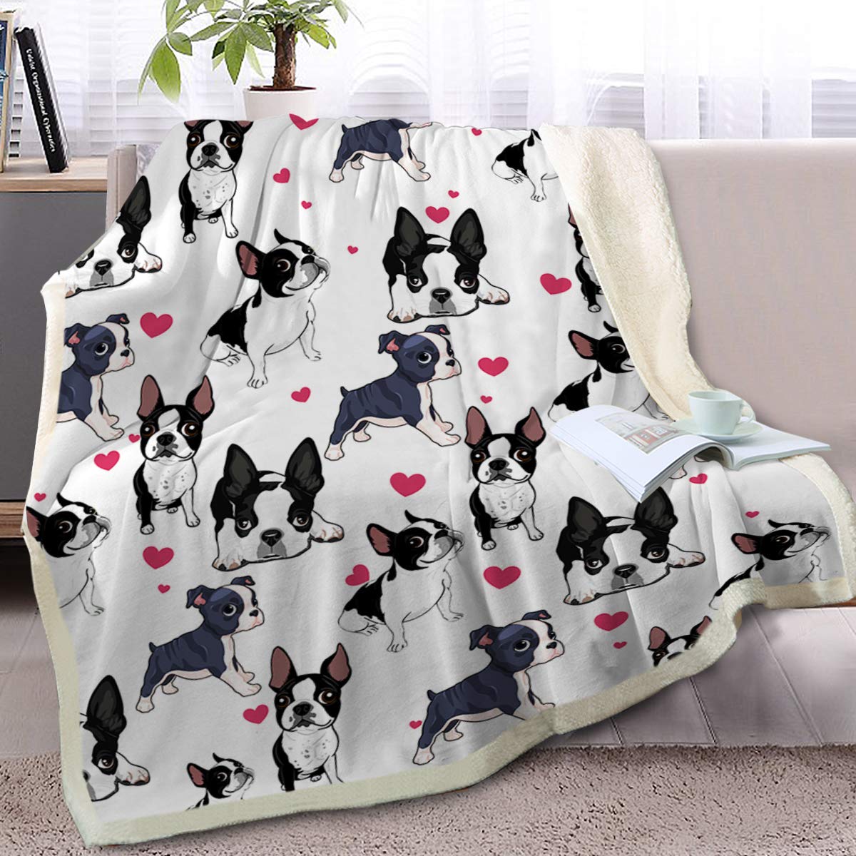 Blessliving Boston Terrier Blanket Frenchie Dog Red Heart Plush Blanket Cute Puppy Dog Cozy Fleece Throws And Blankets For Kids