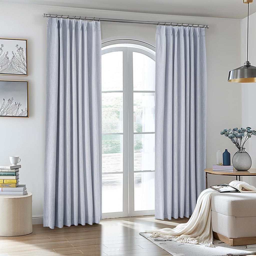 Miulee Chambray Blue Pinch Pleated 100% Blackout Linen Curtains 90 Inch Length 2 Panels Set, Pleat Curtain With Pin Hooks, Black