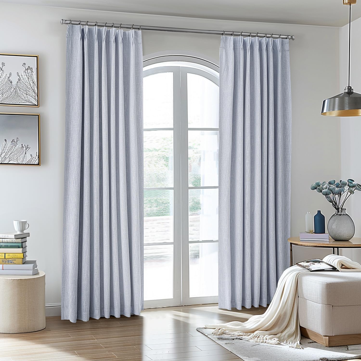 Miulee Chambray Blue Pinch Pleated 100% Blackout Linen Curtains 90 Inch Length 2 Panels Set, Pleat Curtain With Pin Hooks, Black