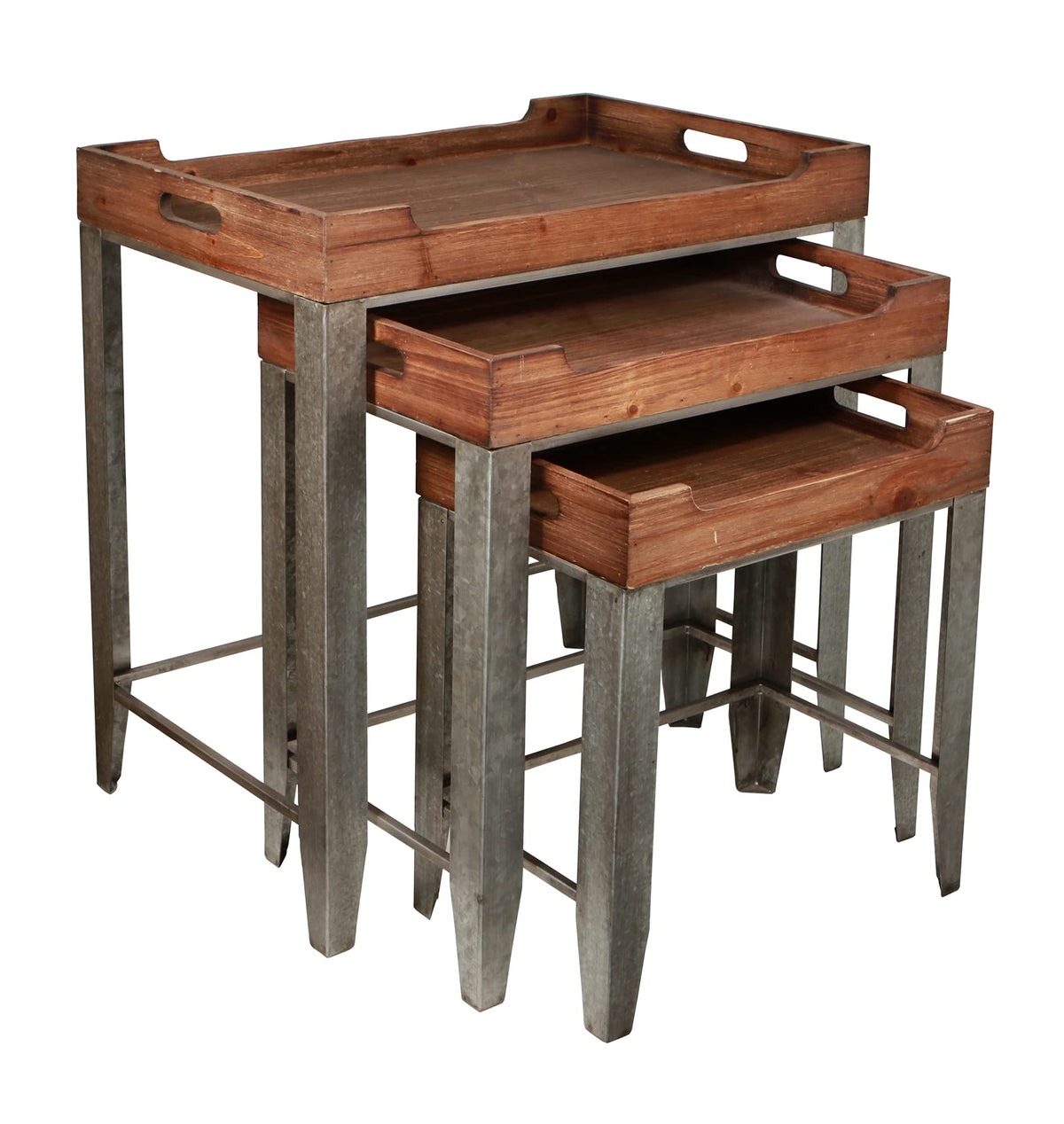 Cheung'S Set Of 3 Wood Top Side Handles And Galvanized Metal Base Nesting Table, Gray