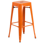 Flash Furniture Commercial Grade 30" Round Orange Metal Indoor-Outdoor Bar Table Set with 4 Square Seat Backless Stools