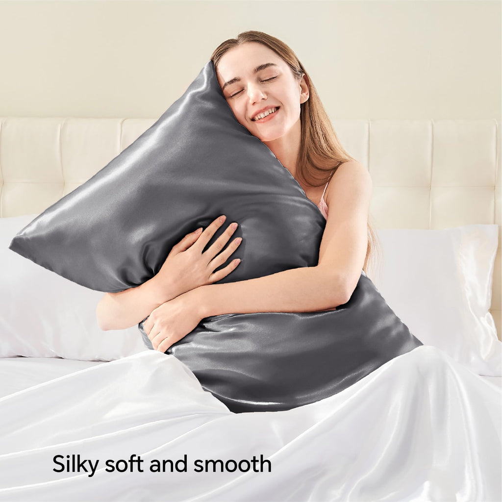 Bedelite Satin Pillowcase With Zipper, Dark Grey King Size Pillow Cases Set Of 2, Super Soft And Cooling Similar To Silk Pillow