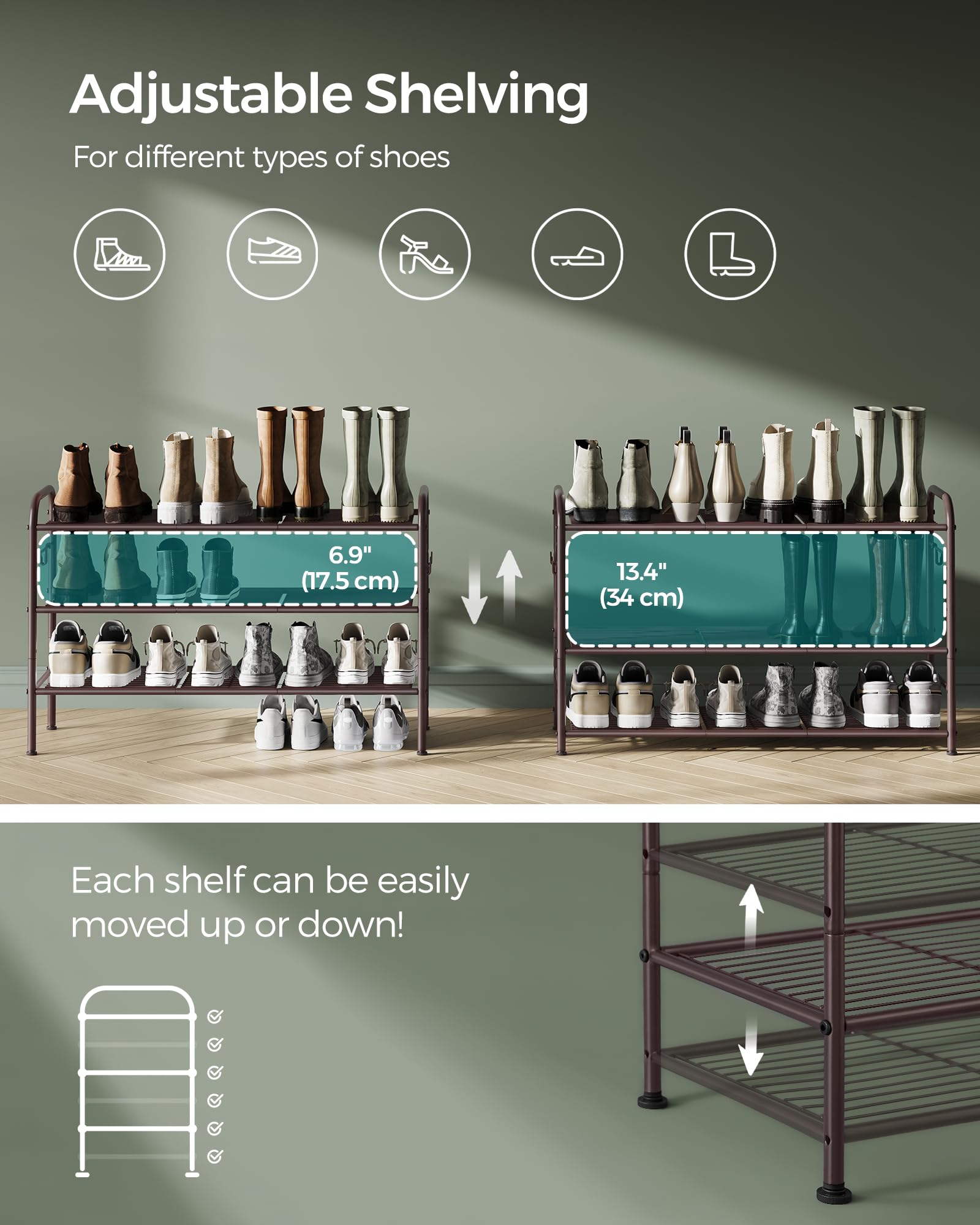 Songmics Shoe Rack, 3-Tier Shoe Organizer, Metal Shoe Shelf Storage With 4 Side Hooks, Holds 15 Pairs Of Shoes, Height-Adjustable Shoe Rack For Entryway, Hallway, Closet, Easy Assembly, Chestnut Brown