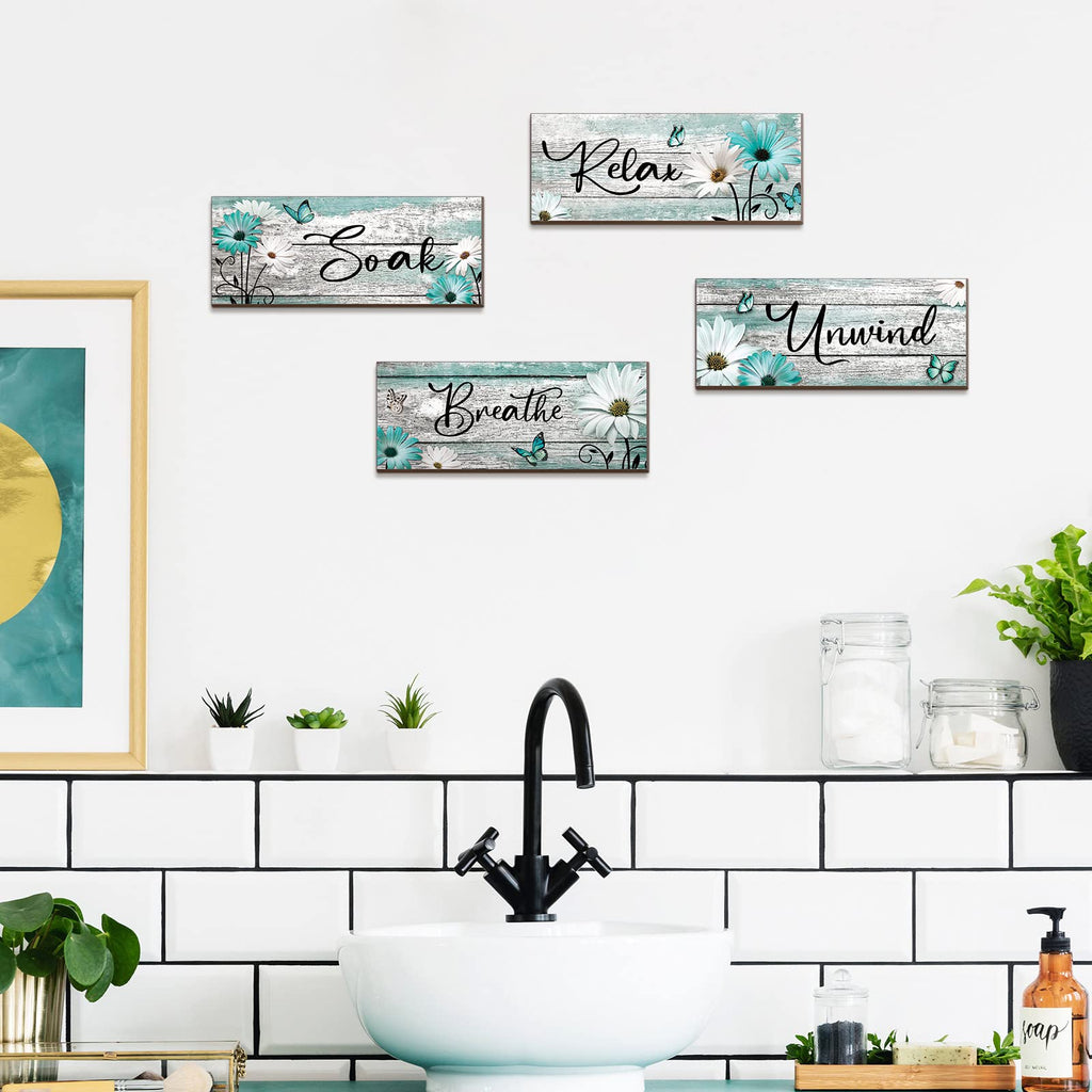 Sunnyray 4 Pcs Farmhouse Bathroom Wall Decor Sign Daisy Tulip Flowers And Butterfly Bathroom Wall Art Relax Soak Unwind Breathe