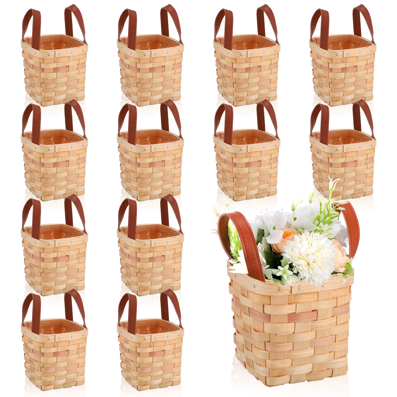 Rtteri 12 Pcs 4.5 X 4.5 X 4 Inch Woodchip Basket With Handles Small Wooden Decorative Woven Empty Baskets Picnic Square Mini Wic