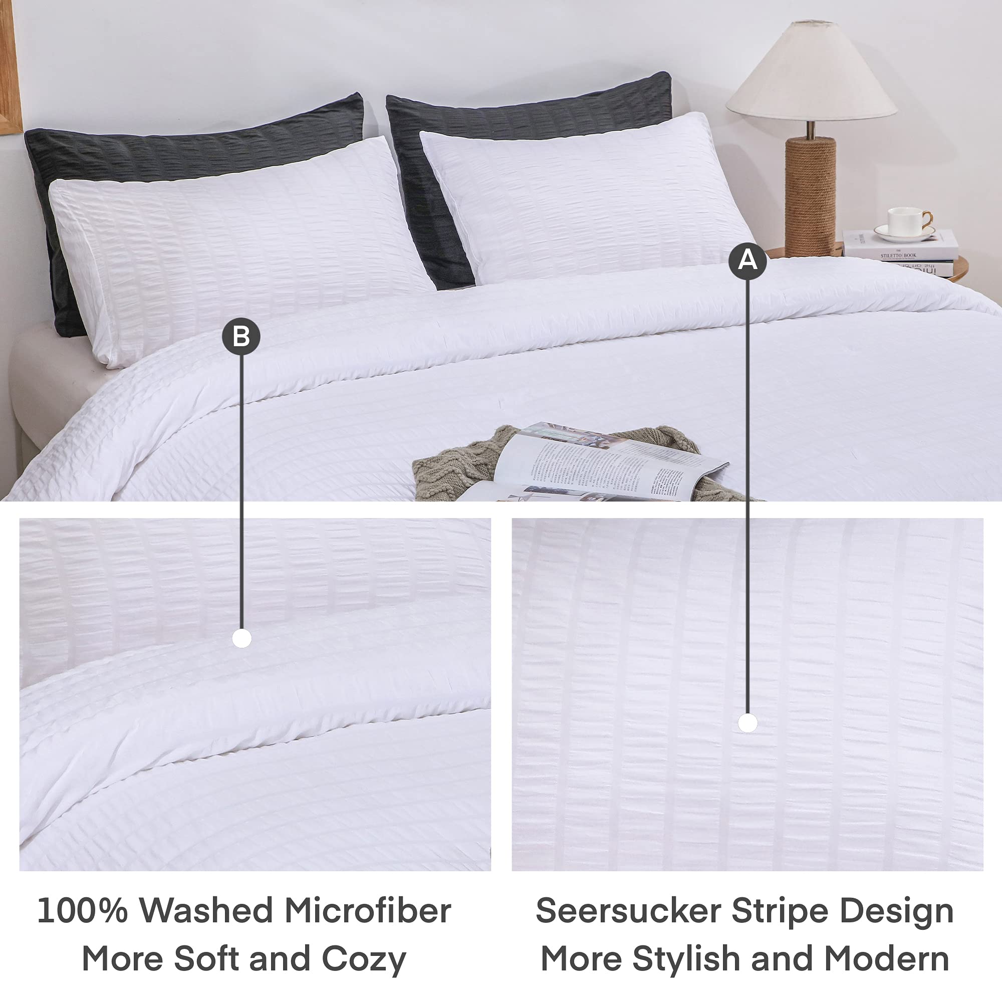 Avelom Seersucker Comforter Set - Full Size, 80X90 Inches, White, 3 Pieces, Unisex