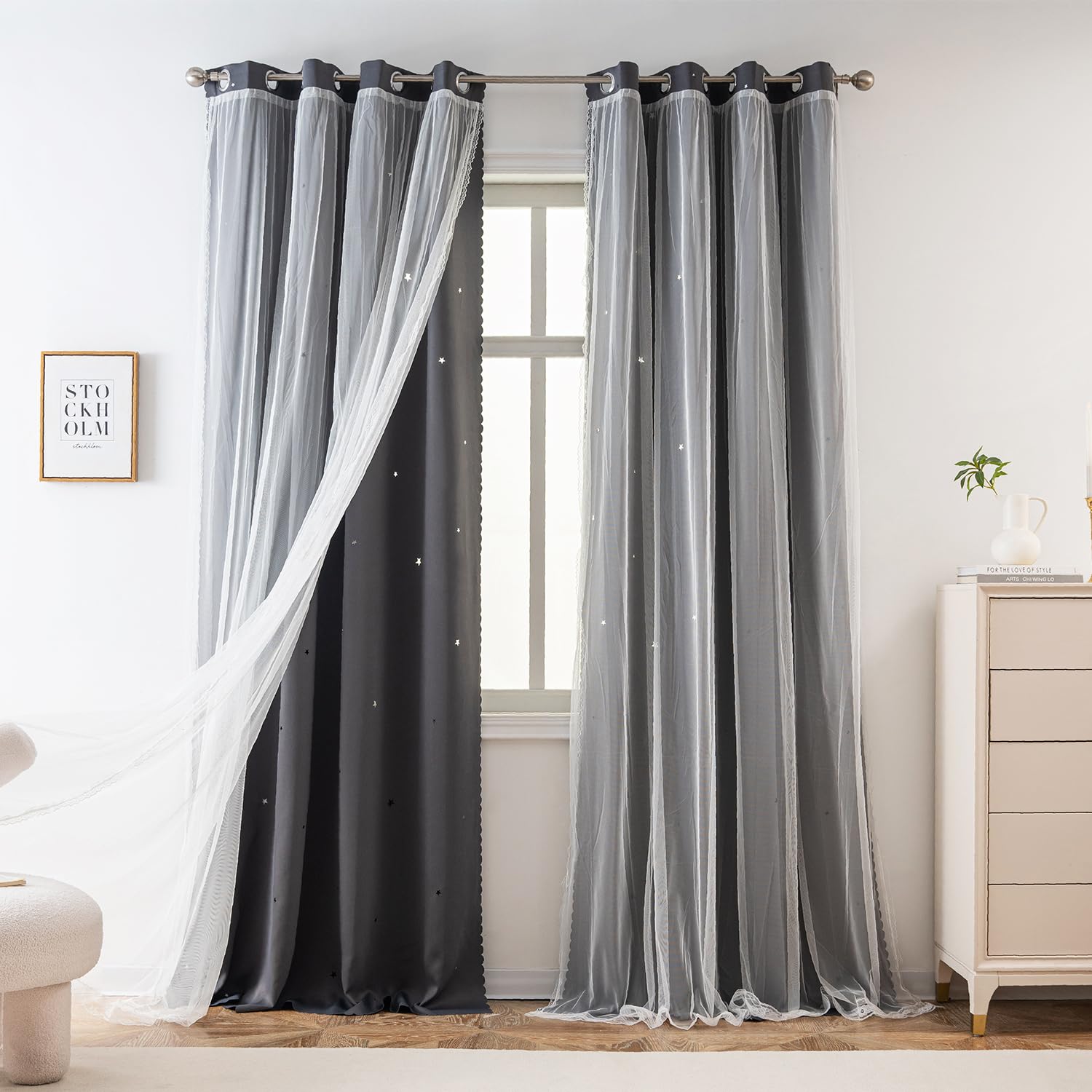 Yancorp Grey Curtains For Bedroom Living Room Thermal Insulated Kids Curtain Hollow-Out Star Window Nursery Curtain 63 Inches Length Room Darkening Grommet(Grey,52 * 63),1 Panel