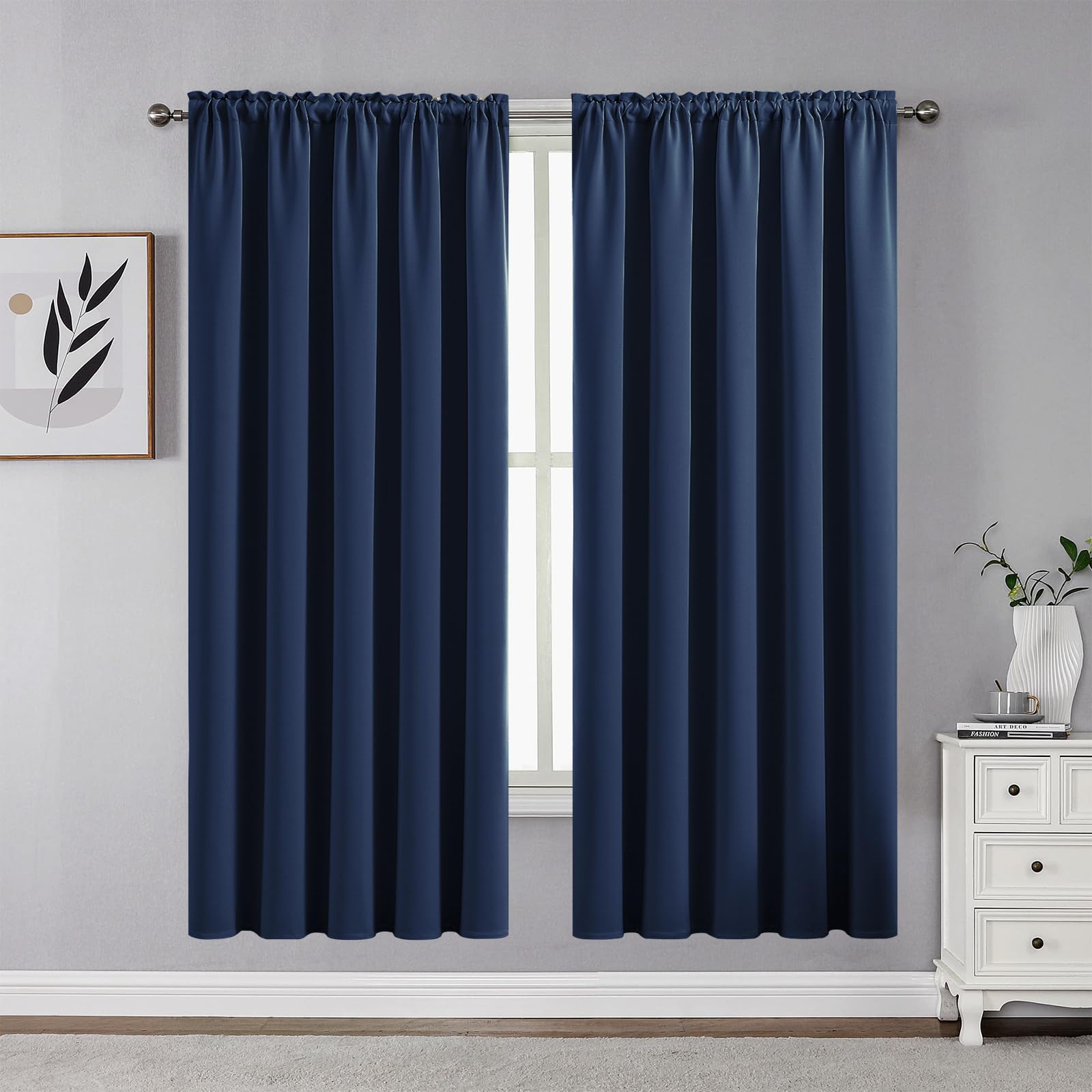 CUCRAF Navy Blue Blackout Curtains 63 inch Length 2 Panels Set, Rod Pocket Room Darkening Drapes for Bedroom Living Room, Insula