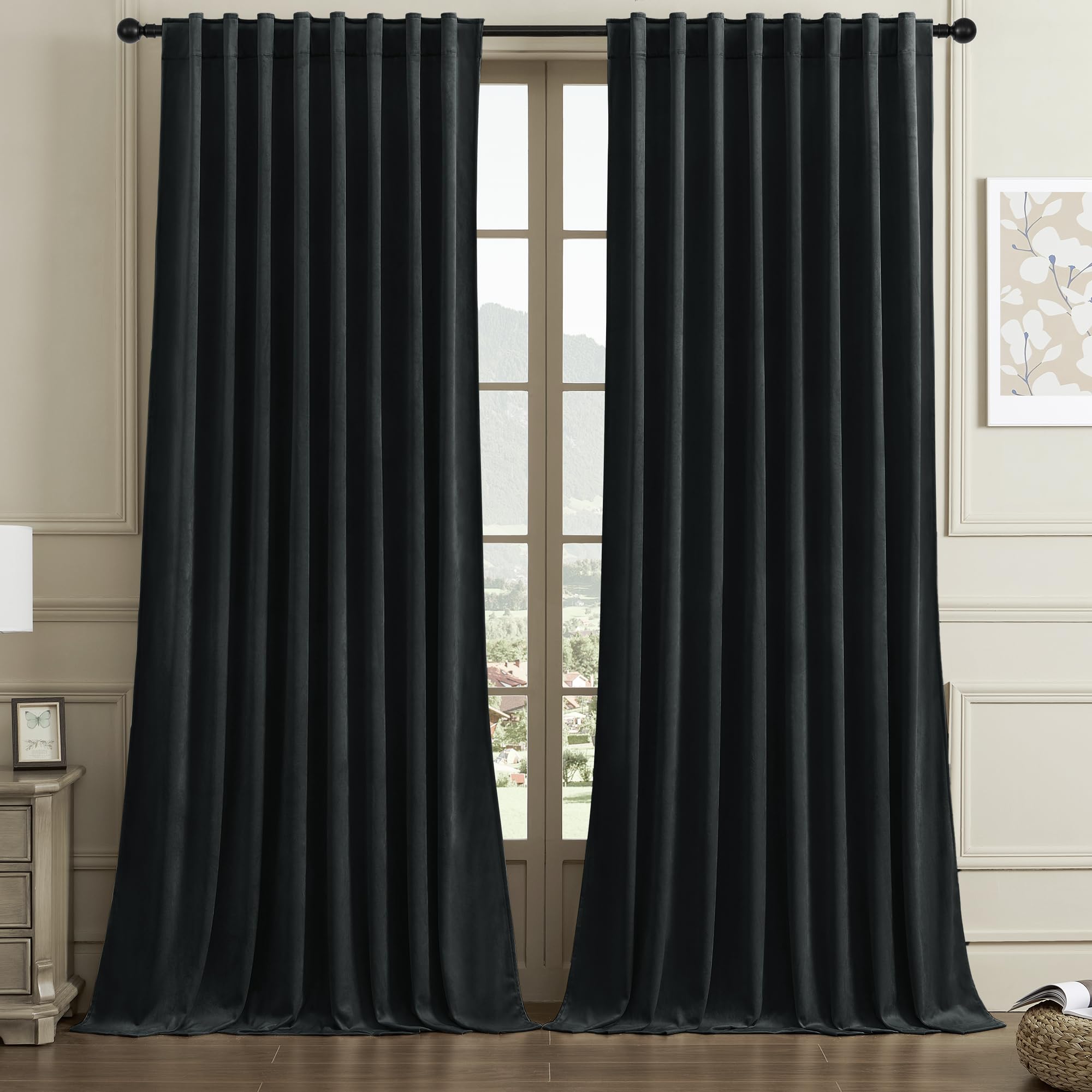 Timeper 62 Inches Wide Black Velvet Curtains Thick Thermal Insulated Blackout Drapes Total Privacy Protect Panels For Film Room/