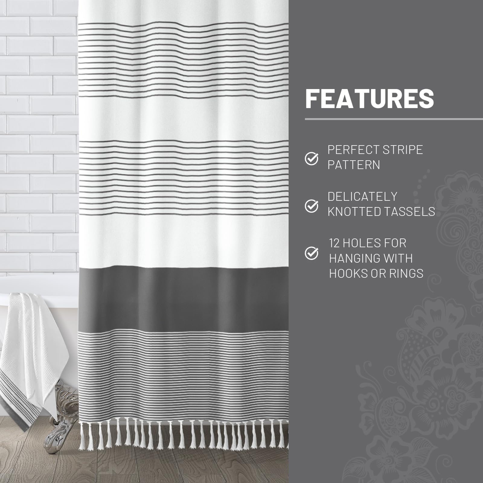 Awellife Gray Shower Curtain For Bathroom Stripe Tassel Shower Curtain 72 X 72 Inches Farmhouse Linen Boho Dark Grey