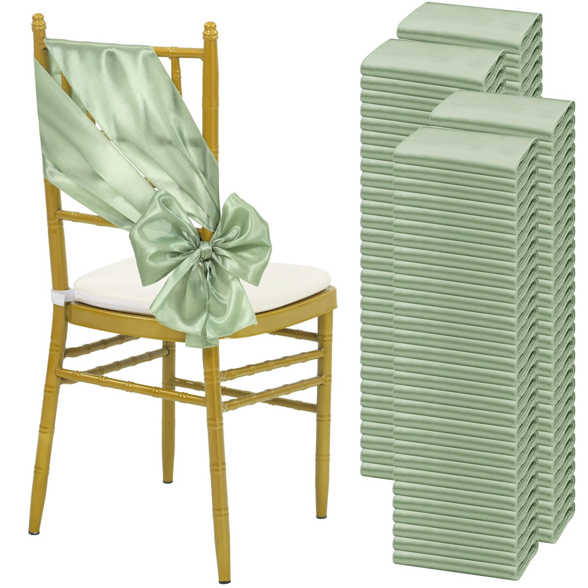 Ymhpride 120 Pcs Sage Green Satin Chair Sashes,Ties Bows Designed Chair Sashes For Wedding Party Baby Shower Banquet Restaurant