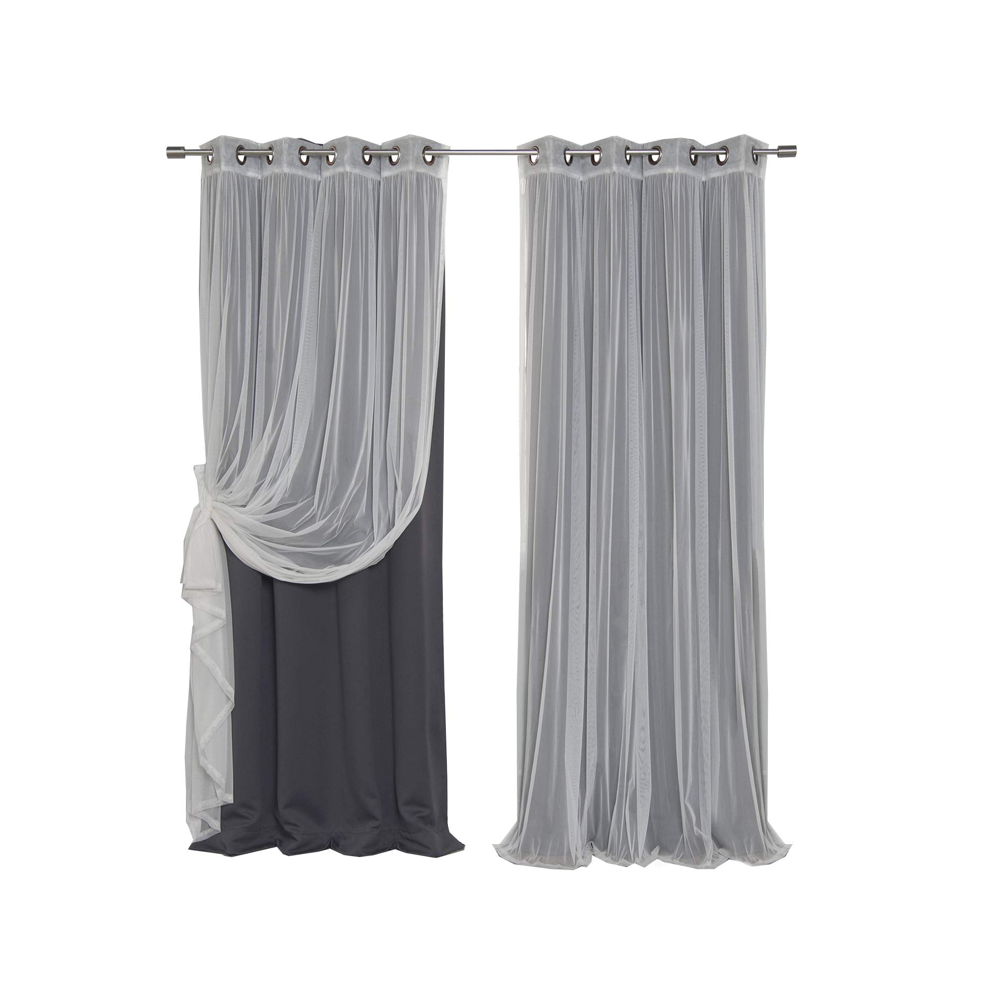 Best Home Fashion Mix & Match Tulle Sheer Lace & Blackout Curtain Set - Antique Bronze Grommet Top - Dark Grey - 52W X 84L - (2 