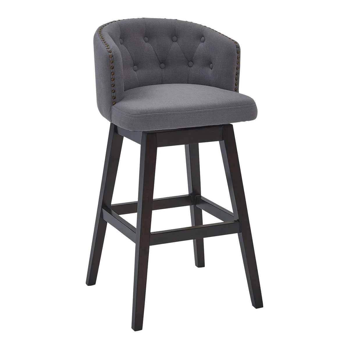 HomeRoots Gray Wood, Foam, Fabric, Metal Turnplate/Kickplate 26&quot; Grey Tufted Fabric and Dark Espresso Wood Swivel Bar Stool