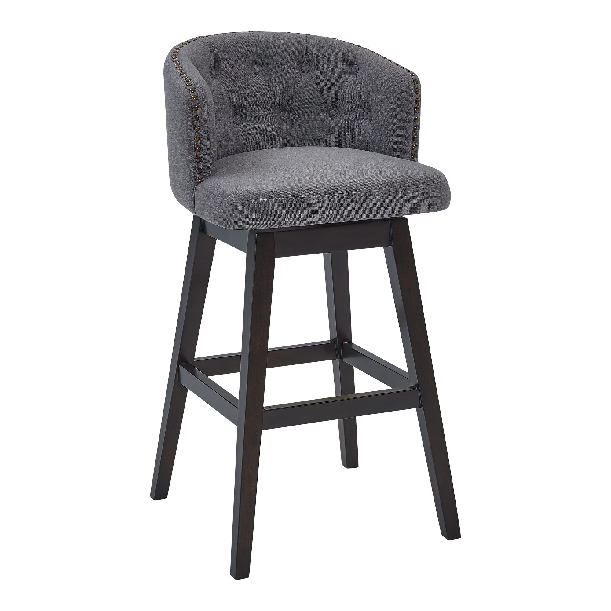 HomeRoots Gray Wood, Foam, Fabric, Metal Turnplate/Kickplate 30' Grey Tufted Fabric and Dark Espresso Wood Swivel Bar Stool
