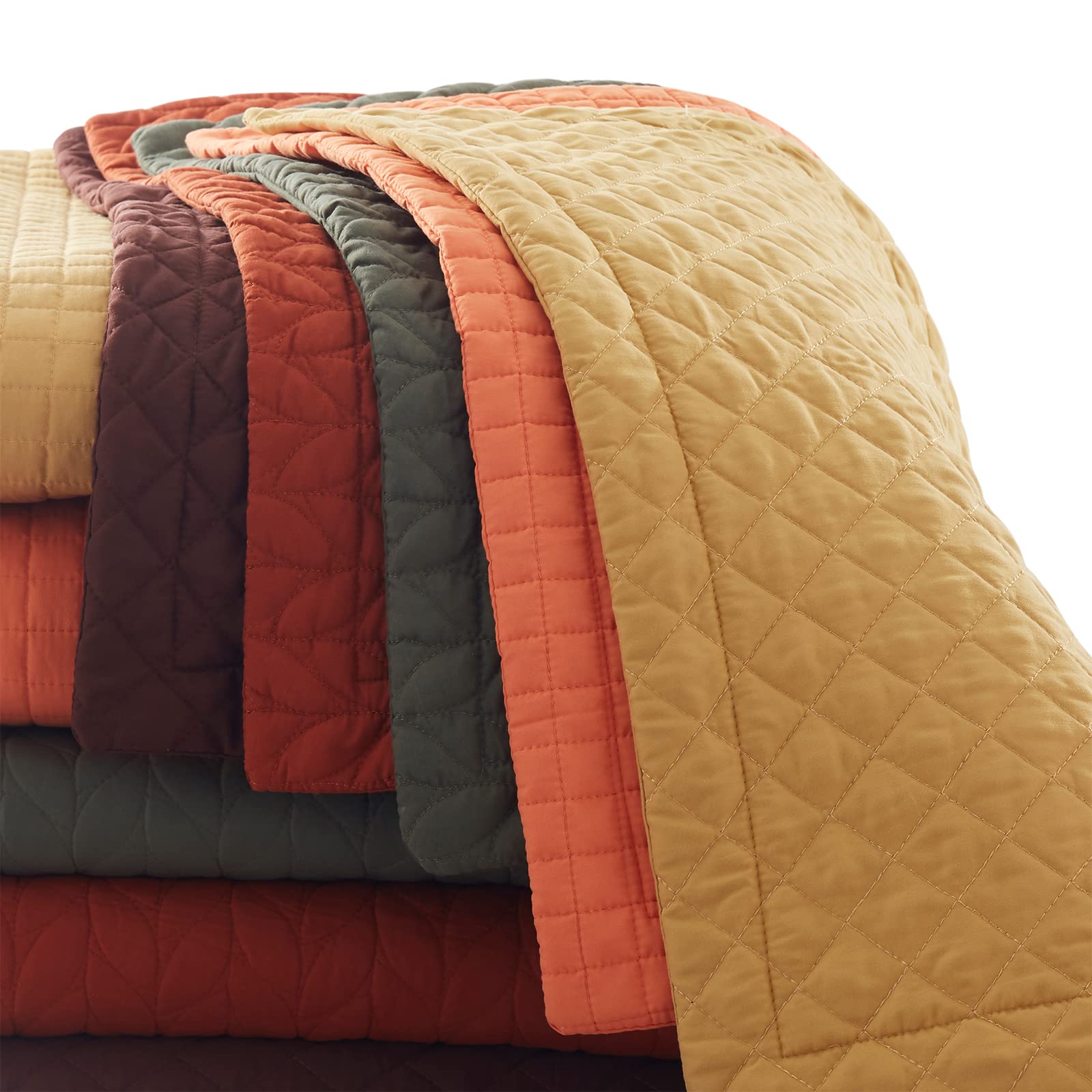 Sunstyle Home Quilt Set King Brunt Orange Lightweight Bedspread Soft Reversible Coverlet For All Season 3Pcs Leaf Embroidered Qu
