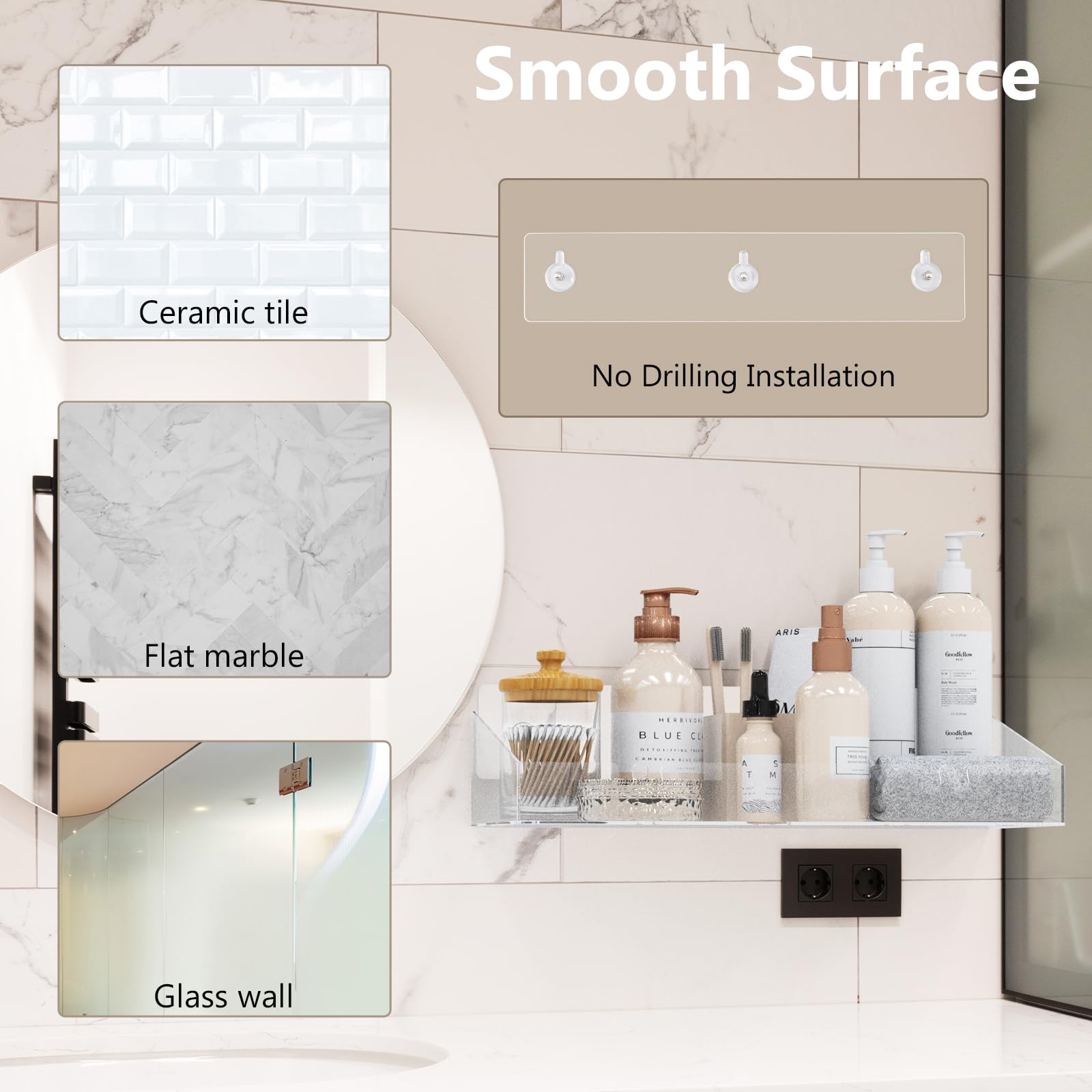 Durmmur Clear Acrylic Shower Caddy with Soap Dish, 3-Pack Adhesive Shelves Organizer, Floating Bathroom Storage with Hook