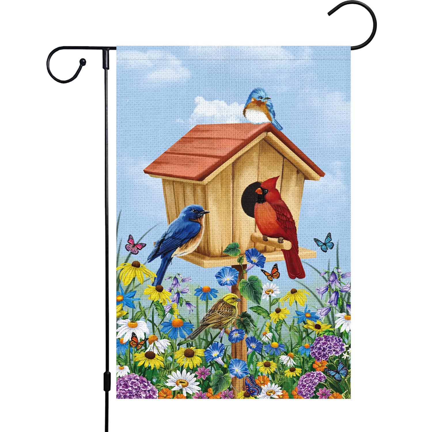 Louise Maelys Welcome Spring Bird Garden Flag 12X18 Double Sided Vertical, Burlap Small Floral Cardinal Birdhouse Garden Yard Ho
