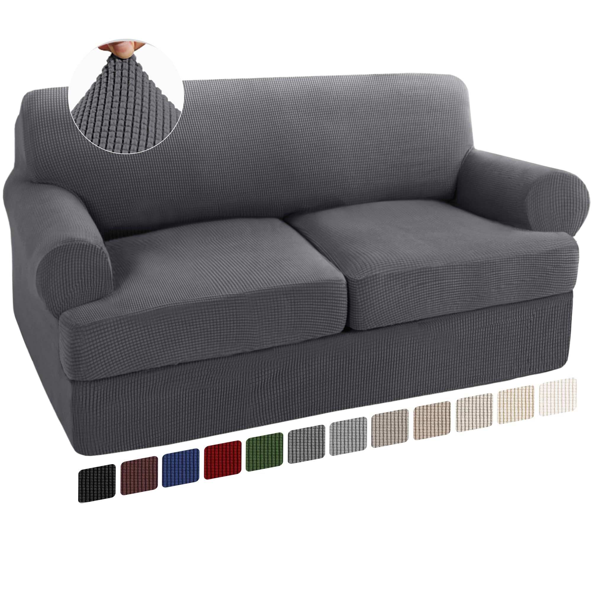 Turquoize 3 Piece T Cushion Loveseat Slipcovers Sofa Cover For 2 Cushion Couch Cover Washable Sofa Slip Cover Furniture Covers With 2 Individual T Cushion Seat Covers (2 Cushion Loveseat, Gray)