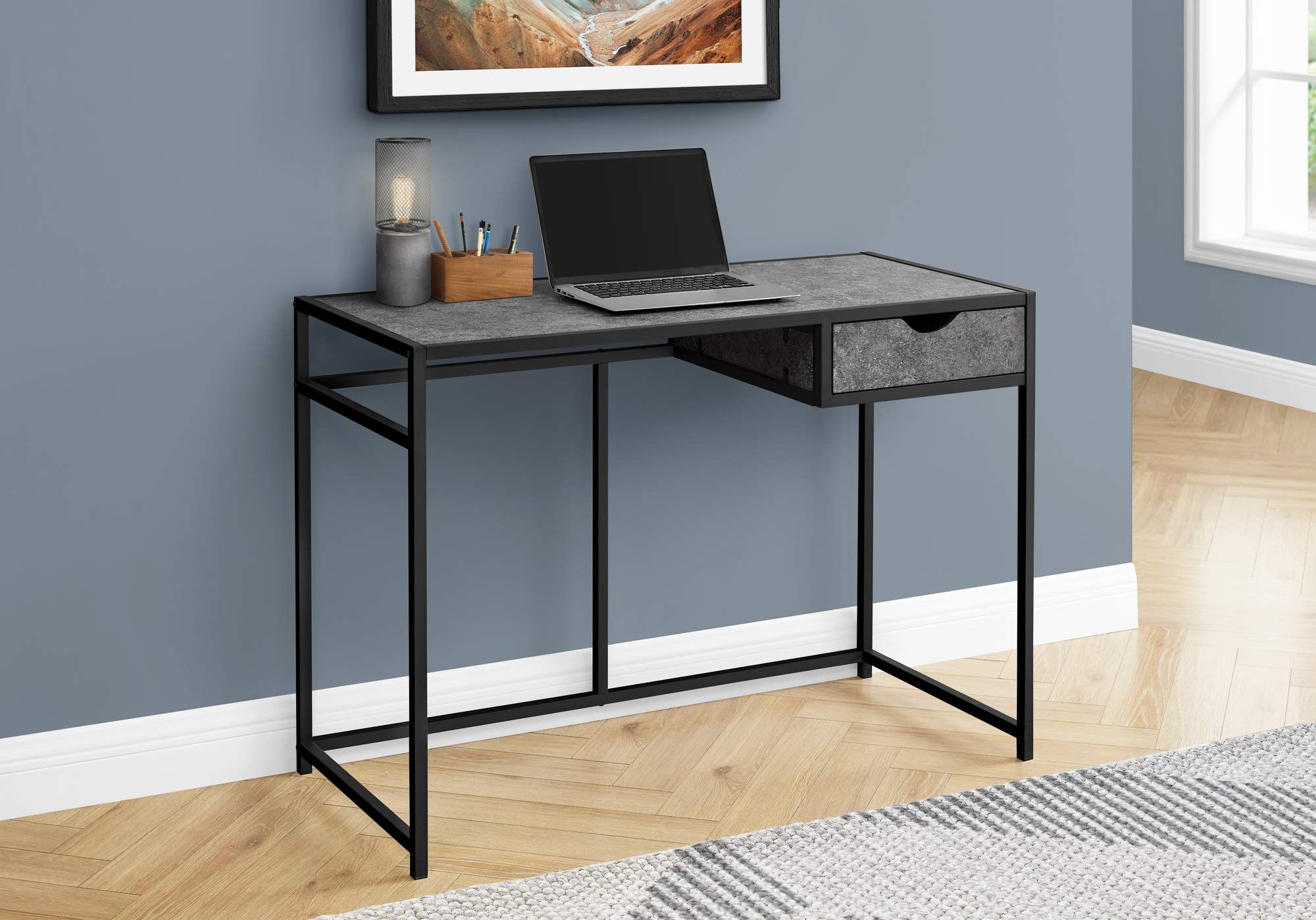 Monarch Specialties 7573 Computer Desk, Home Office, Laptop, Storage Drawer, 42' L, Work, Metal, Laminate, Grey, Black, Contemporary, Modern Desk-42 L Stone-Look, 42.25' L x 20' W x 30' H
