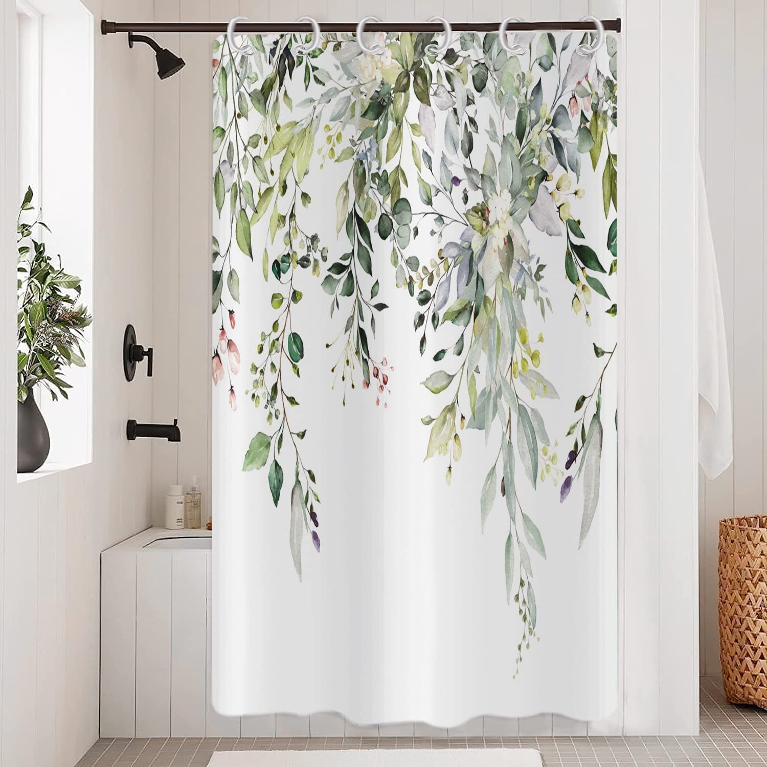 GCIREC Eucalyptus Shower Curtain, Watercolor Green Leaves on The Top Plant with Floral Bathroom Curtain Bathtub Home Decor Water