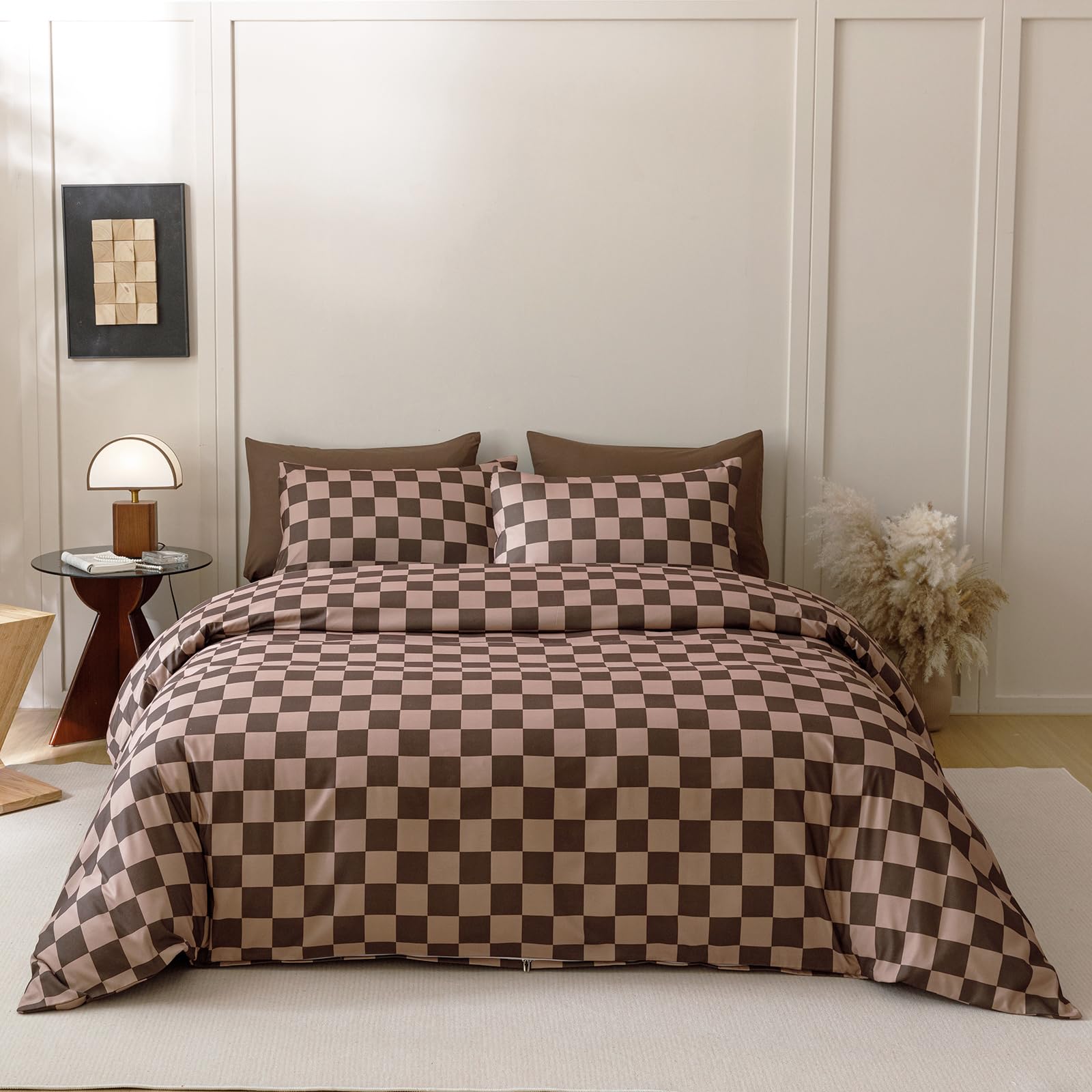 Clothknow Brown Plaid Full Size Comforter Set 3Pcs Grid Bedding Comforter Sets Checker Comforter Soft Geometric Comforter With 2