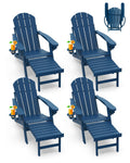Greenvines Adirondack-Chairs-With-Ottoman | Set Of 4 | Folding | Retractable-Footrest | Hdpe Plastic | All Weather Fire Pit Chair | Cup Holders | Blue | For Outdoor Poolside