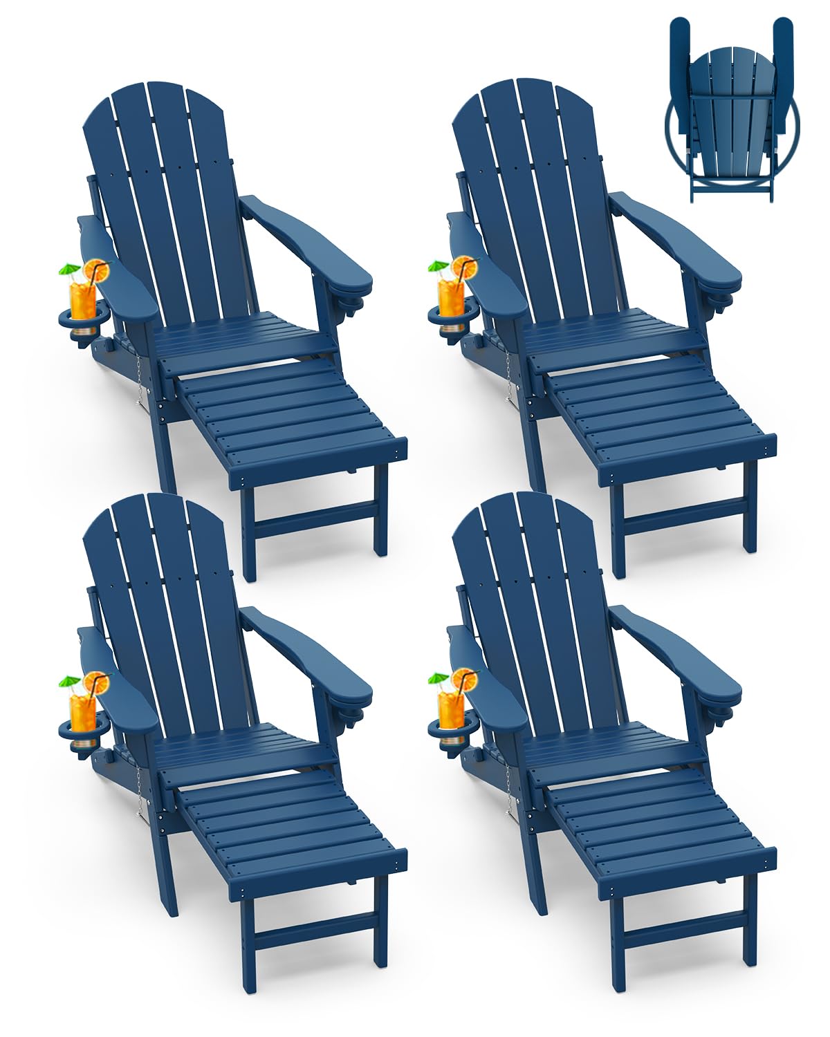 Greenvines Adirondack-Chairs-With-Ottoman | Set Of 4 | Folding | Retractable-Footrest | Hdpe Plastic | All Weather Fire Pit Chair | Cup Holders | Blue | For Outdoor Poolside