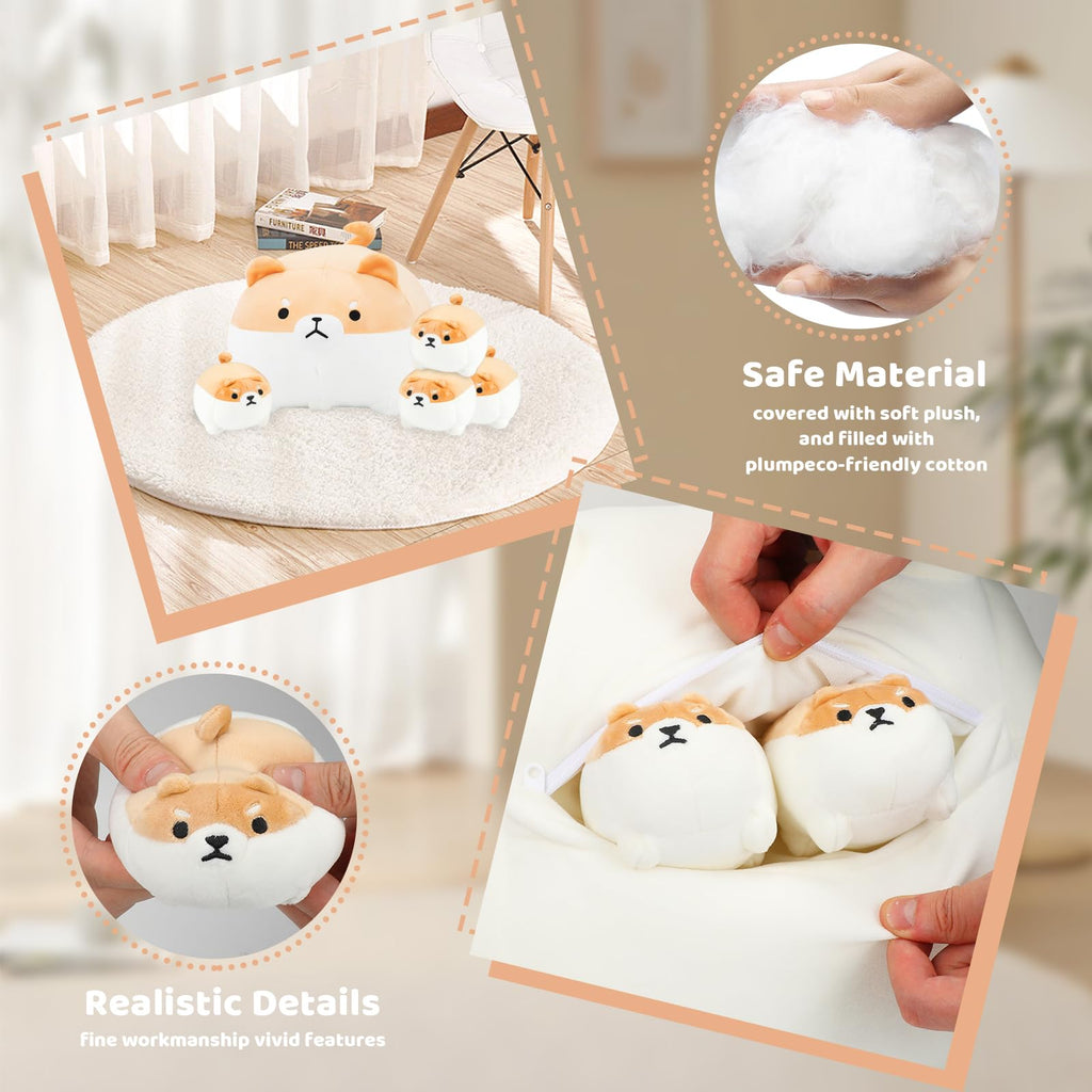 Atobaby Shiba Inu Plush Pillow 16 Inches With Four Babies In Mommys Belly, Super Soft Cartoon Dog Stuffed Animal Shiba Inu Plush
