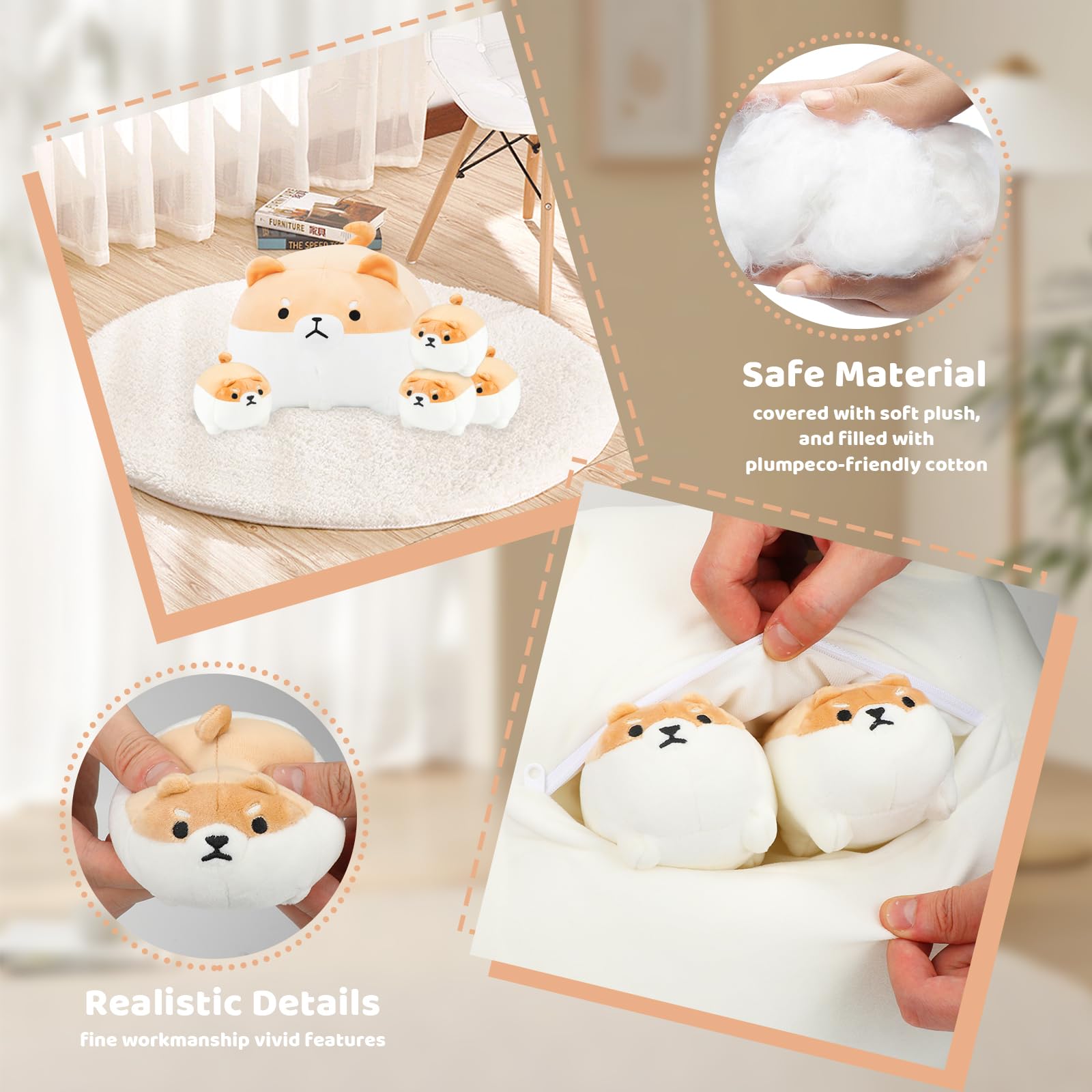 Atobaby Shiba Inu Plush Pillow 16 Inches With Four Babies In Mommys Belly, Super Soft Cartoon Dog Stuffed Animal Shiba Inu Plush