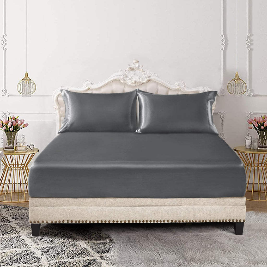 Siinvdabzx 3-Piece Set Satin Twin Fitted Sheet & 2 Pillowcase, Grey Silky Soft Fitted Bottom Sheet, Wrinkle Free, Fade Resistant