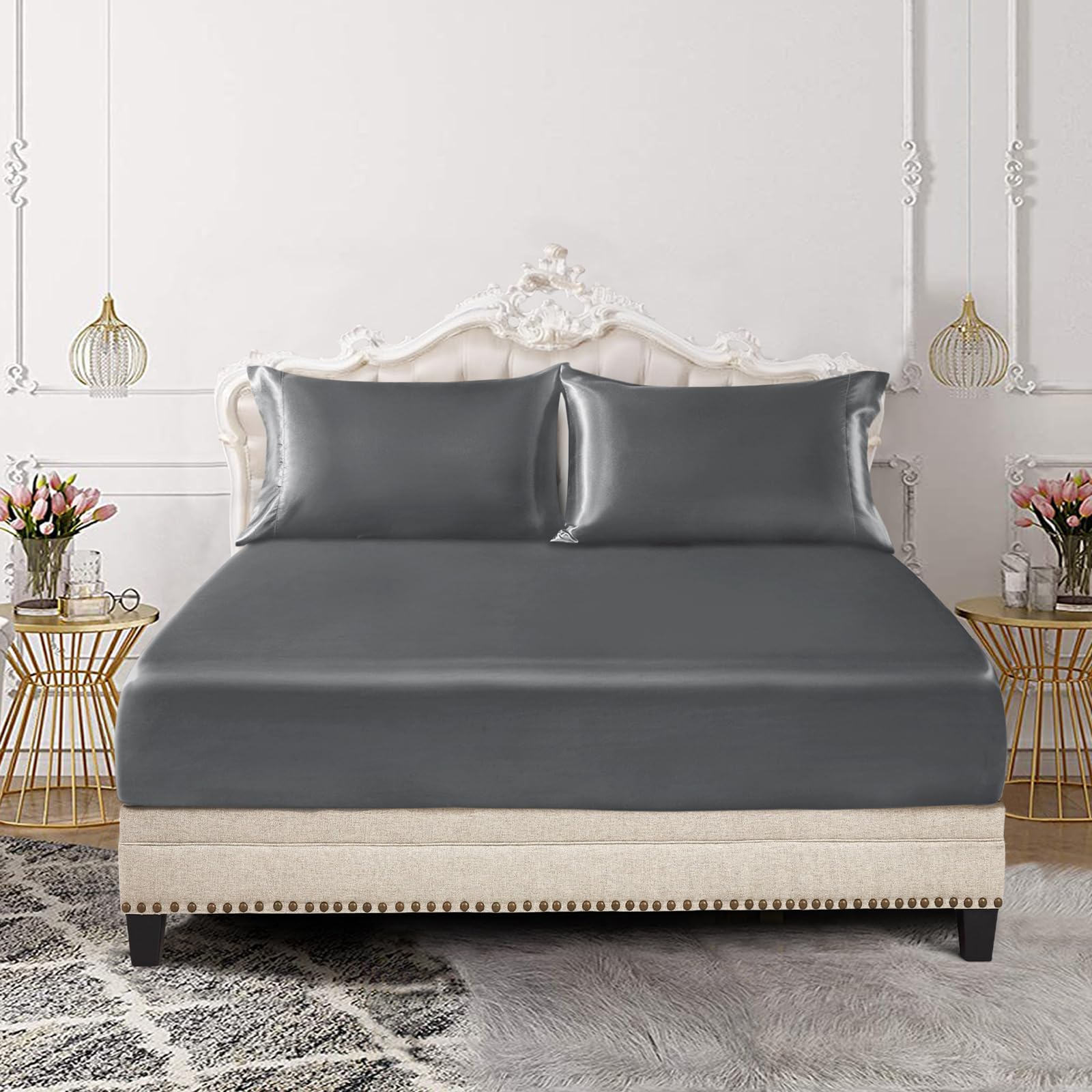 Siinvdabzx 3-Piece Set Satin Twin Fitted Sheet & 2 Pillowcase, Grey Silky Soft Fitted Bottom Sheet, Wrinkle Free, Fade Resistant