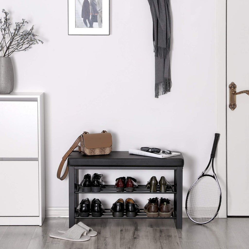 Songmics Shoe Bench, 3-Tier Shoe Rack For Entryway, Storage Organizer With Foam Padded Seat, Faux Leather, Metal Frame, For Living Room, Hallway, 12.2 X 31.9 X 19.3 Inches, Black Ulbs58H
