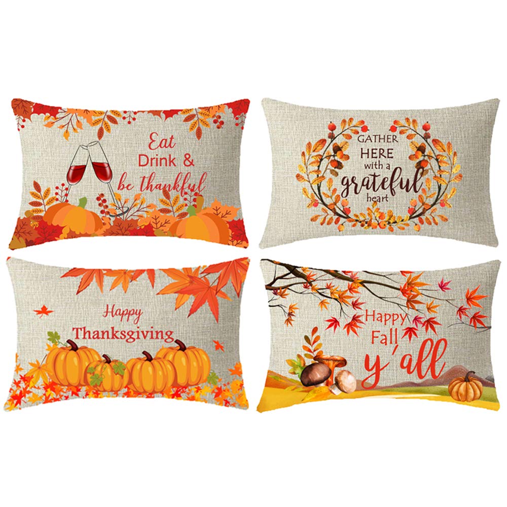 Niditw Set Of 4 Farmhouse Autumn Landscape Leaves Happy Fall Yall Thanksgiving Eat Drink And Be Thankful Gather Lumbar Burlap Th