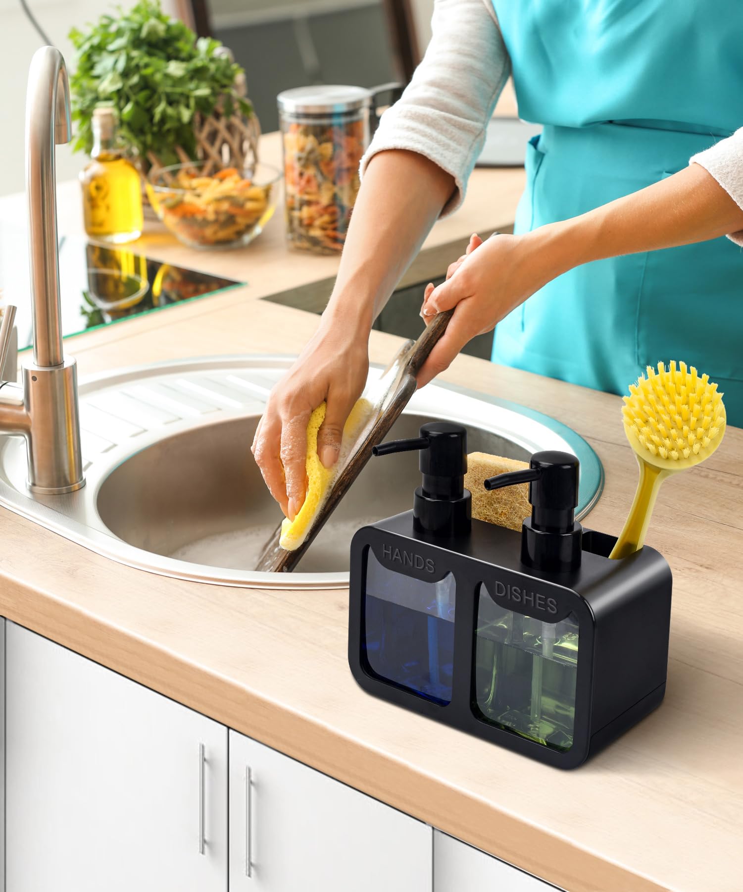 Kitchen Hand Soap And Dish Soap Dispenser Set, Dual Soap Dispenser With Sponge Caddy And Brush Holder 4-In-1 Organizer For Kitch