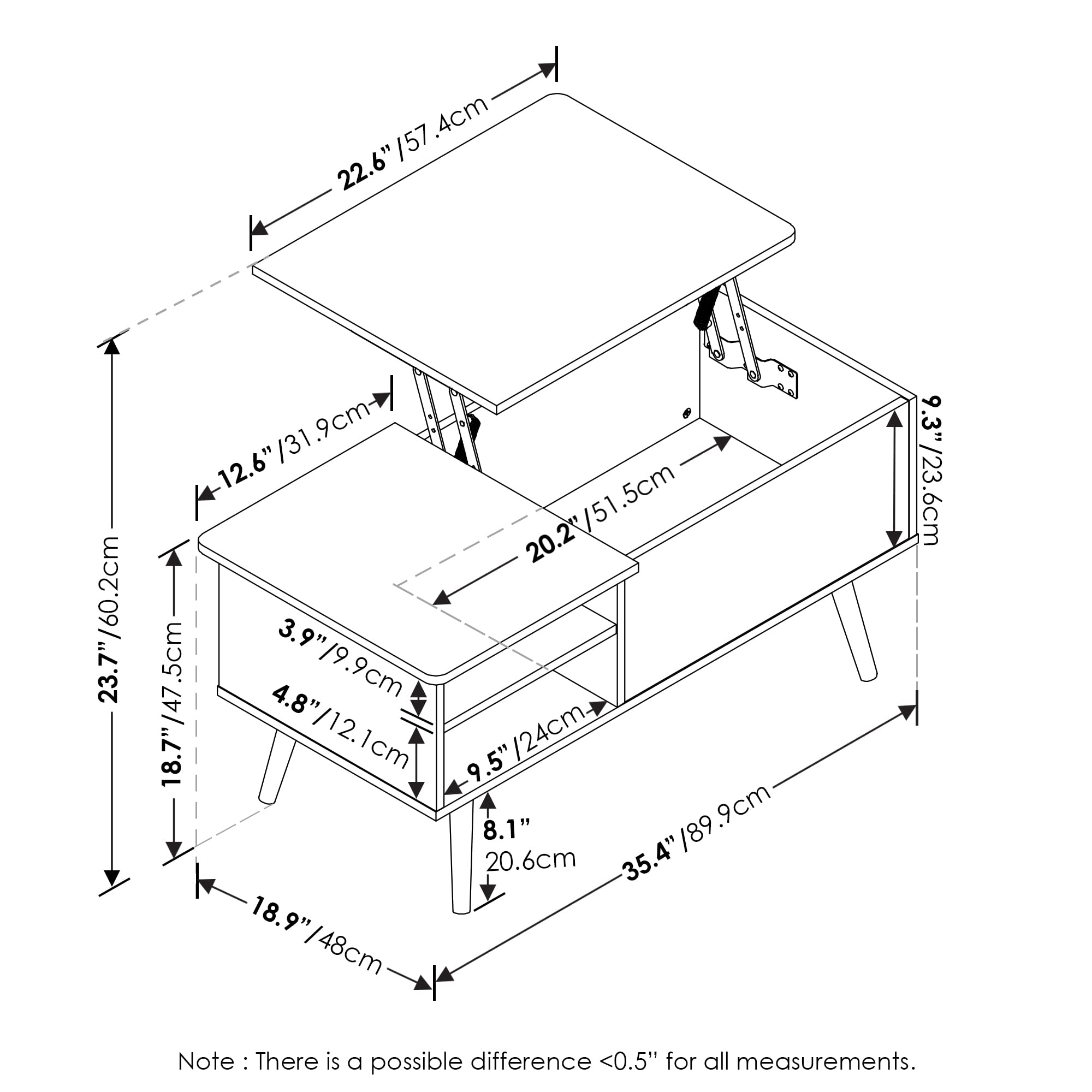 Furinno Jensen Living Room Wooden Leg Lift Top Coffee Table With Hidden Compartment And Side Open Storage Shelf, Flagstaff Oak