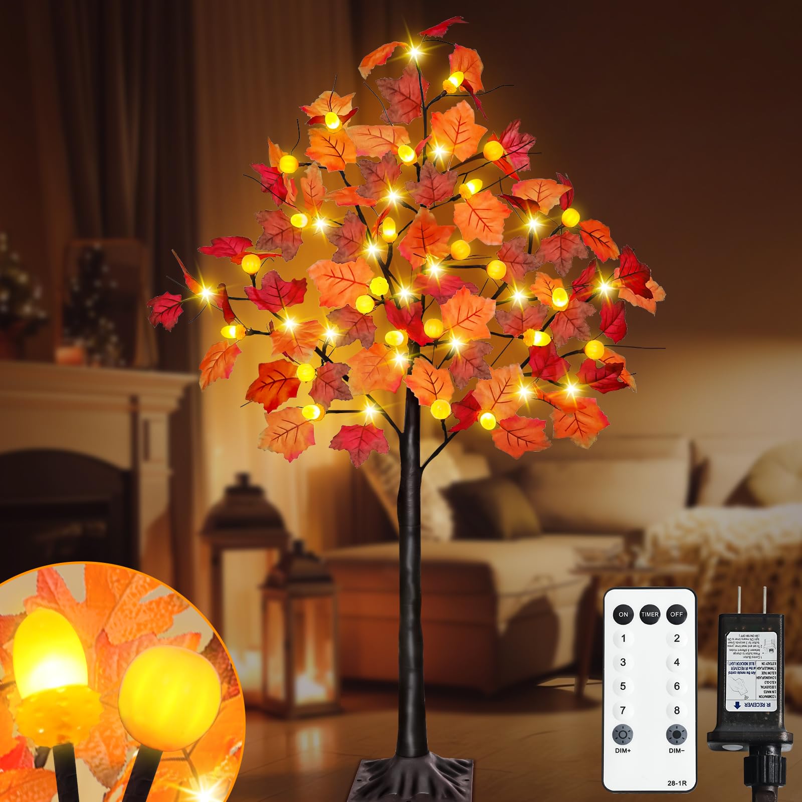 4 Feet Fall Decorations Maple Tree with 48 LED Timer 8 Modes 24 Acorn and Pumpkin Lights for Home Indoor Outdoor, Thanksgiving F